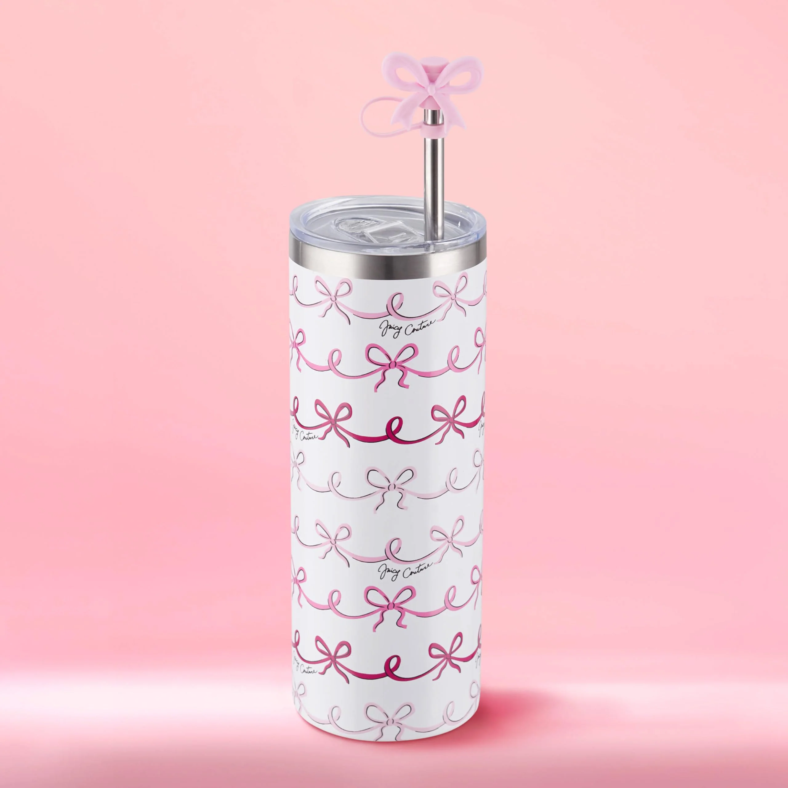 Clean Juicy Couture Glam Slip 24oz Stainless Steel Hydration Tumbler with Straw Topper Pink Doodle Bows Quality