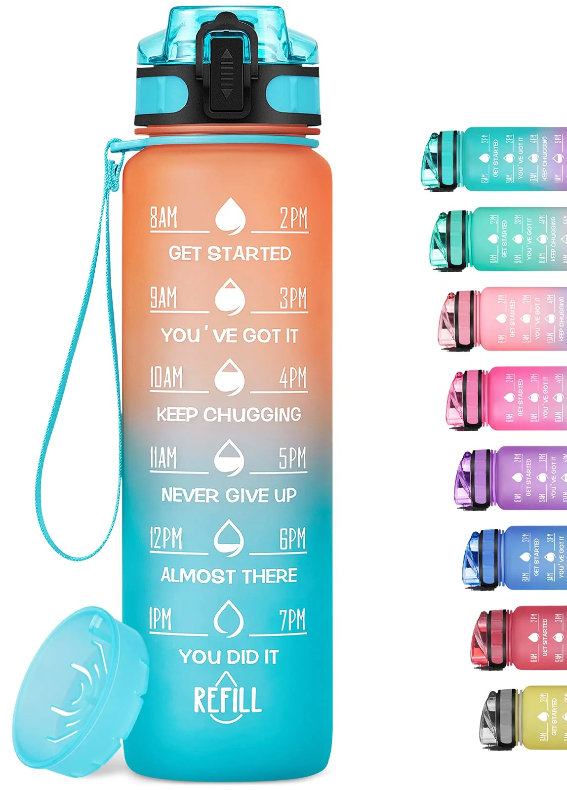 Enhanced MEITAGIE Motivational Water Bottle with Time Marker and Fruit Strainer Leak-Proof BPA Non-Toxic with Carrying Strap for Fitness Solid