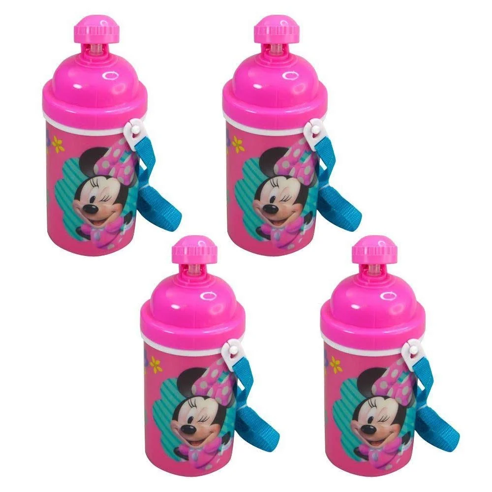 Premium Zak Designs 4-Pack Disney Minnie Mouse Kids 12oz Pop-up Lid Canteen Water Bottles with Carrying Strap Elite
