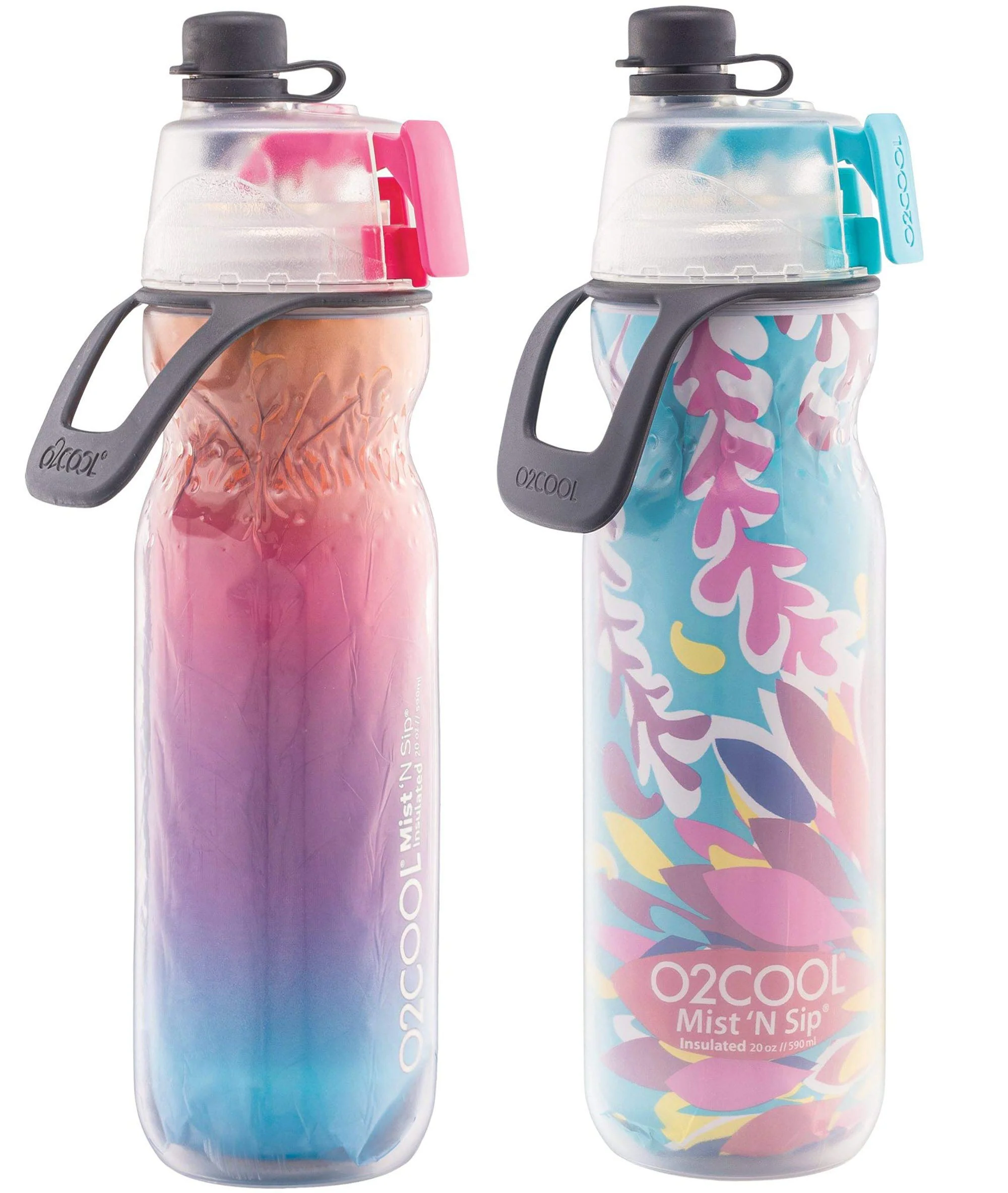 World-Class O2COOL Arctic Squeeze Insulated Mist 'N Sip Water Bottle 2 Pack- 20 oz BPA 2-in-1 Mist and Sip Function w No Leak Pull Top Spout Ras Fine
