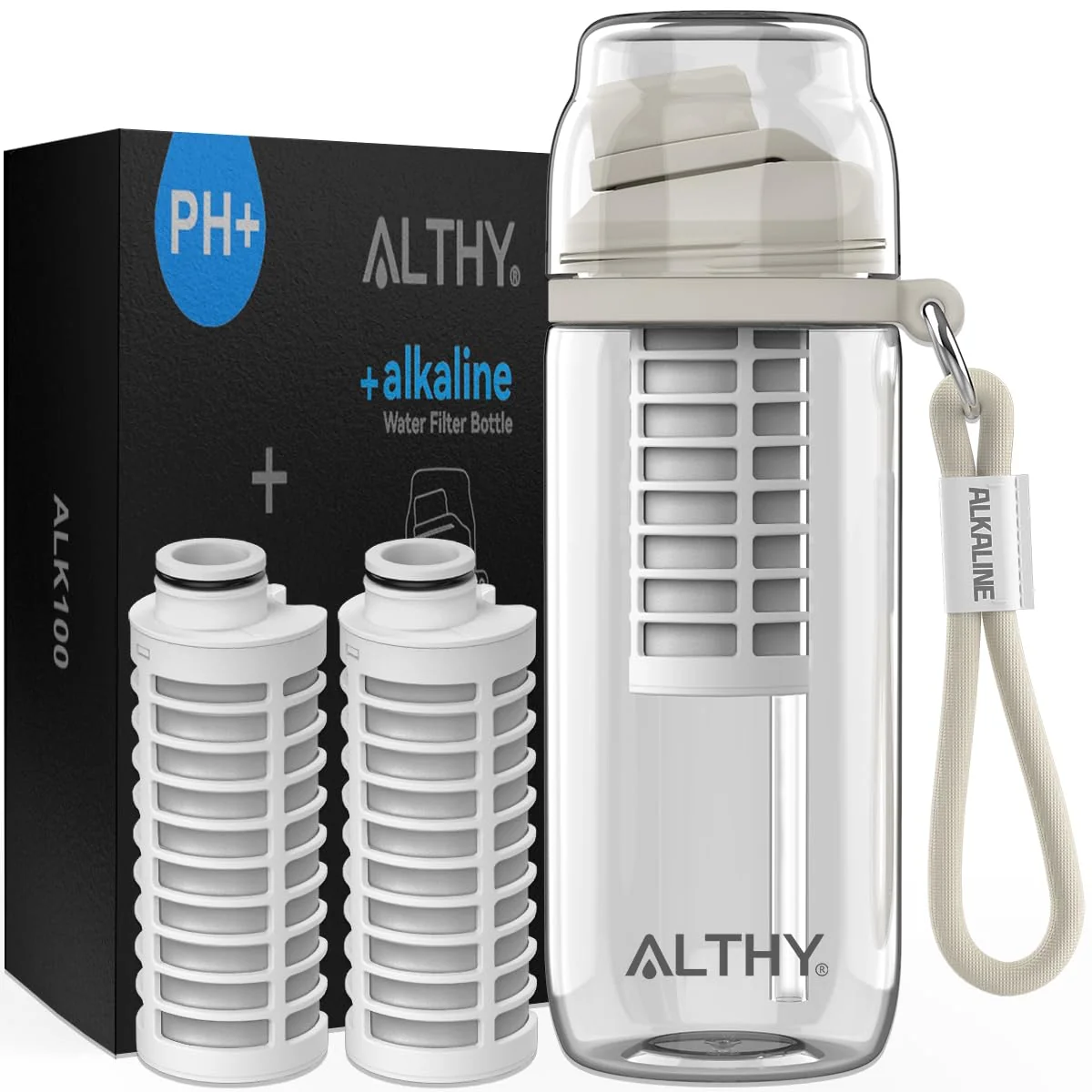 Green ALTHY Alkaline Water Filter Bottle Up to PH 9.5 Added Minerals Electrolytes Composite Alkalize Filtration System BPA 500ml Includes 3 Fashionable