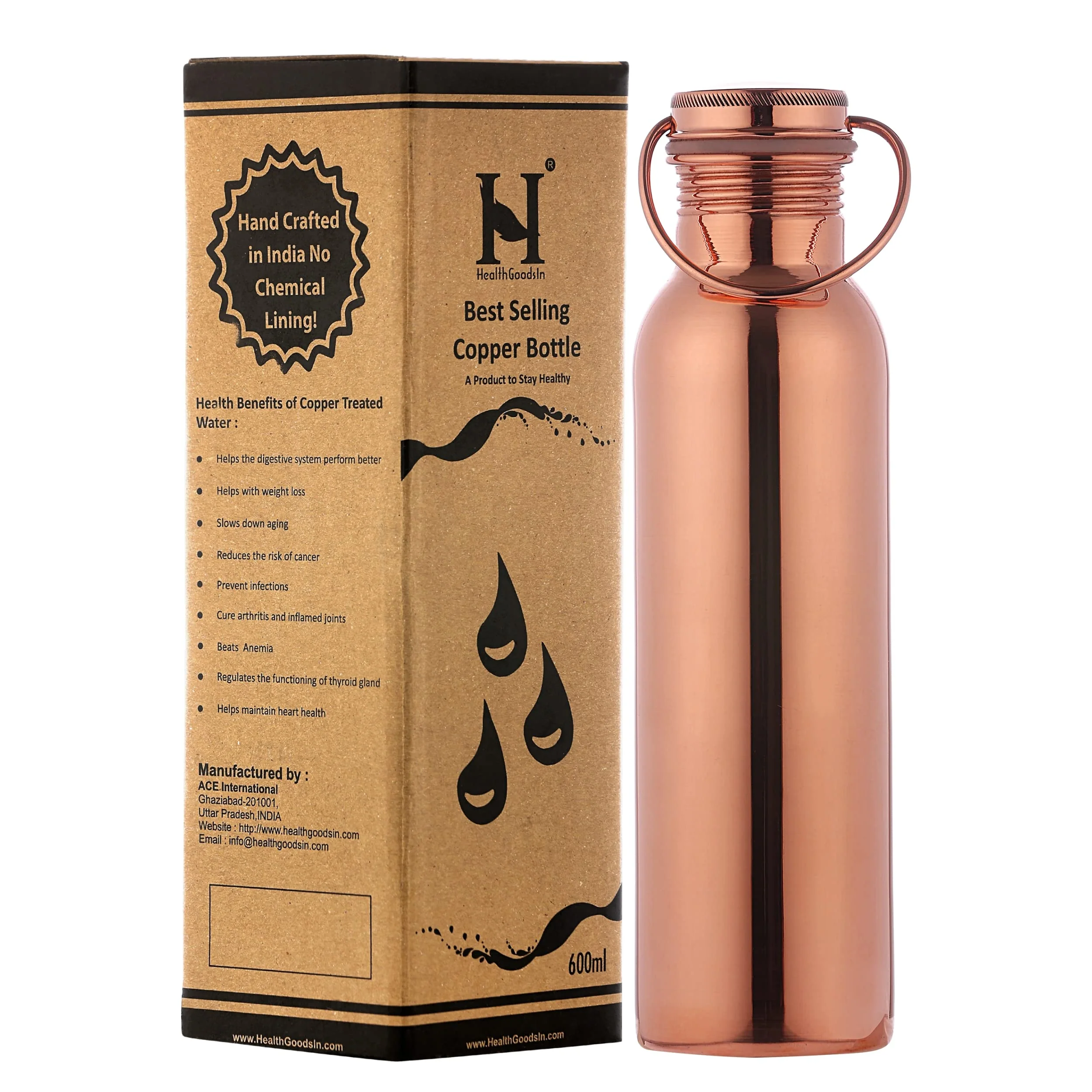 Soft Pure Copper Water Bottle with Handle 600 Ml UNLINED UNCOATED and LACQURED- for Ayurvedic Health Benefits Original Design