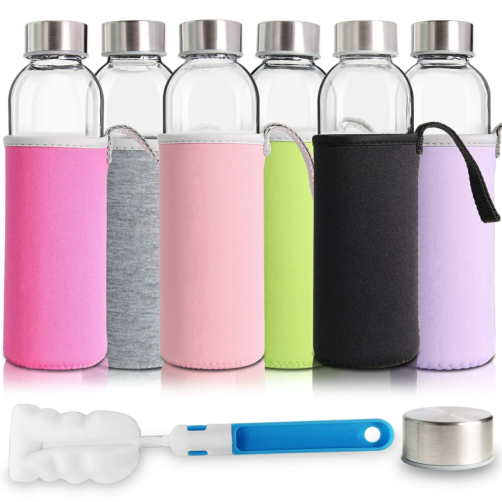 Outstanding YEBODA Glass Water Bottles 18oz Bottles For Beverage and Juicer Use Stainless Steel Caps - Including Colorful Nylon Protection Sleeve Pack Of 6 Proven