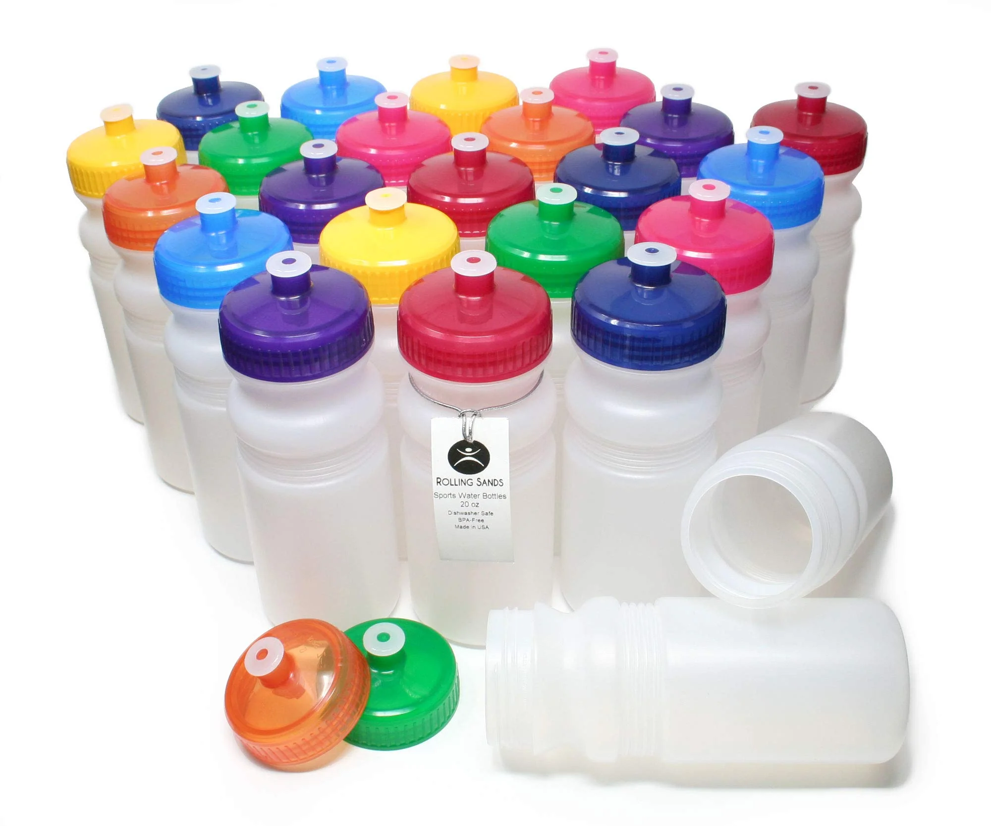 Versatile Rolling Sands USA Made 20 Ounce Sports Water Bottles - 24-Pack Bulk BPA- Blank Sports Bottles for Teams Classrooms - Clear Frost Bottle Variety World-Class