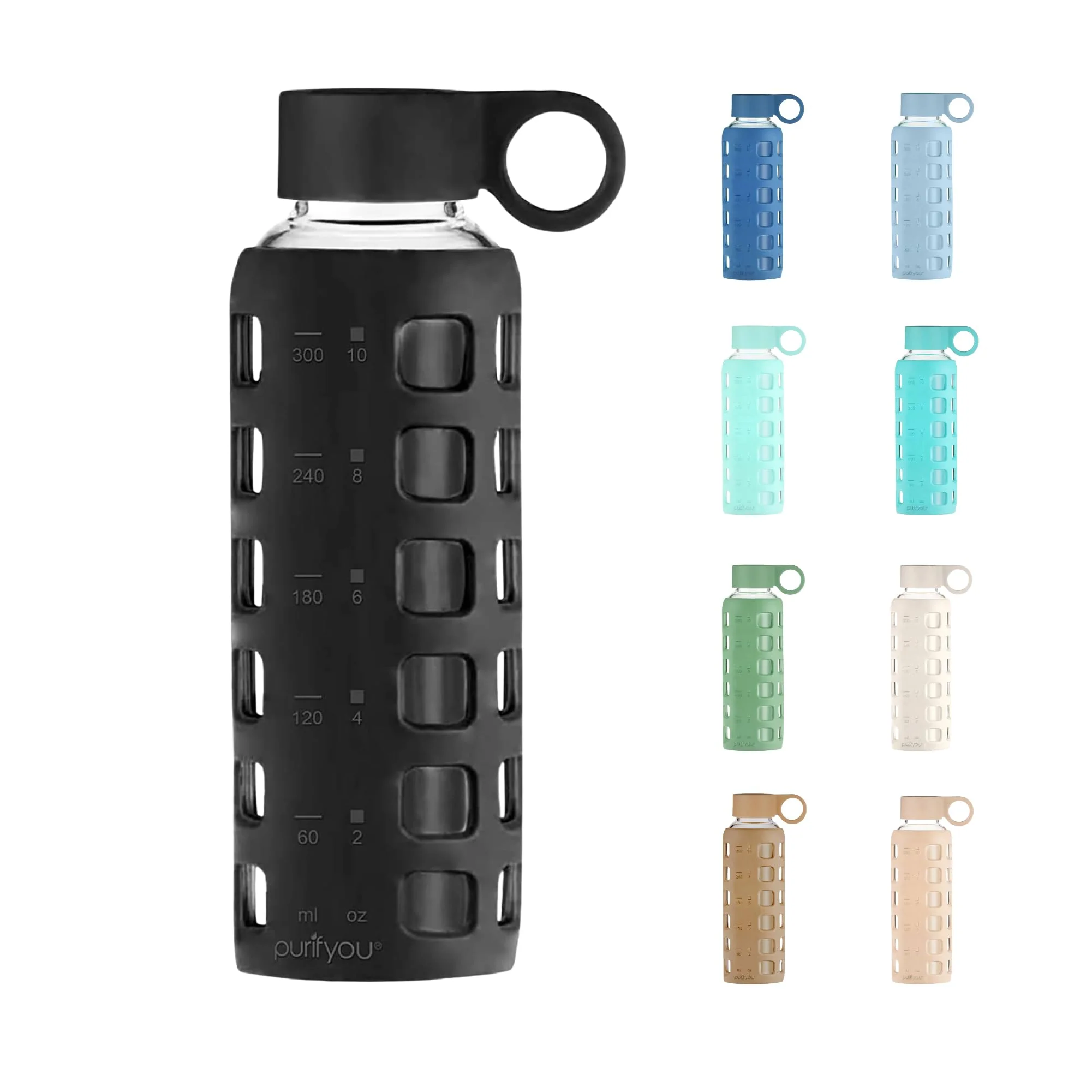 Healthy purifyou 40oz 32oz 22oz 12oz Borosilicate Glass Water Bottle with Time Volume Markers Silicone Sleeve Stainless Steel Lid Reusable Glass First-Class