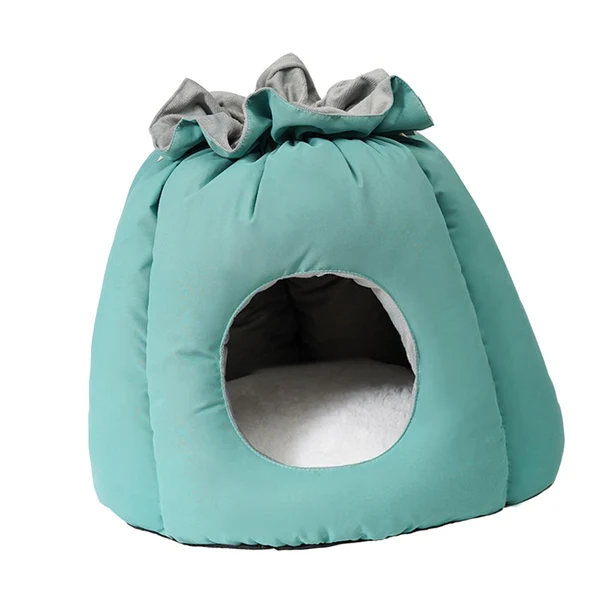 First-Class Maxbell Plush Cave Pet Bed Cat Nonslip with Drawstring Calming Kitty Warm House Green Responsible