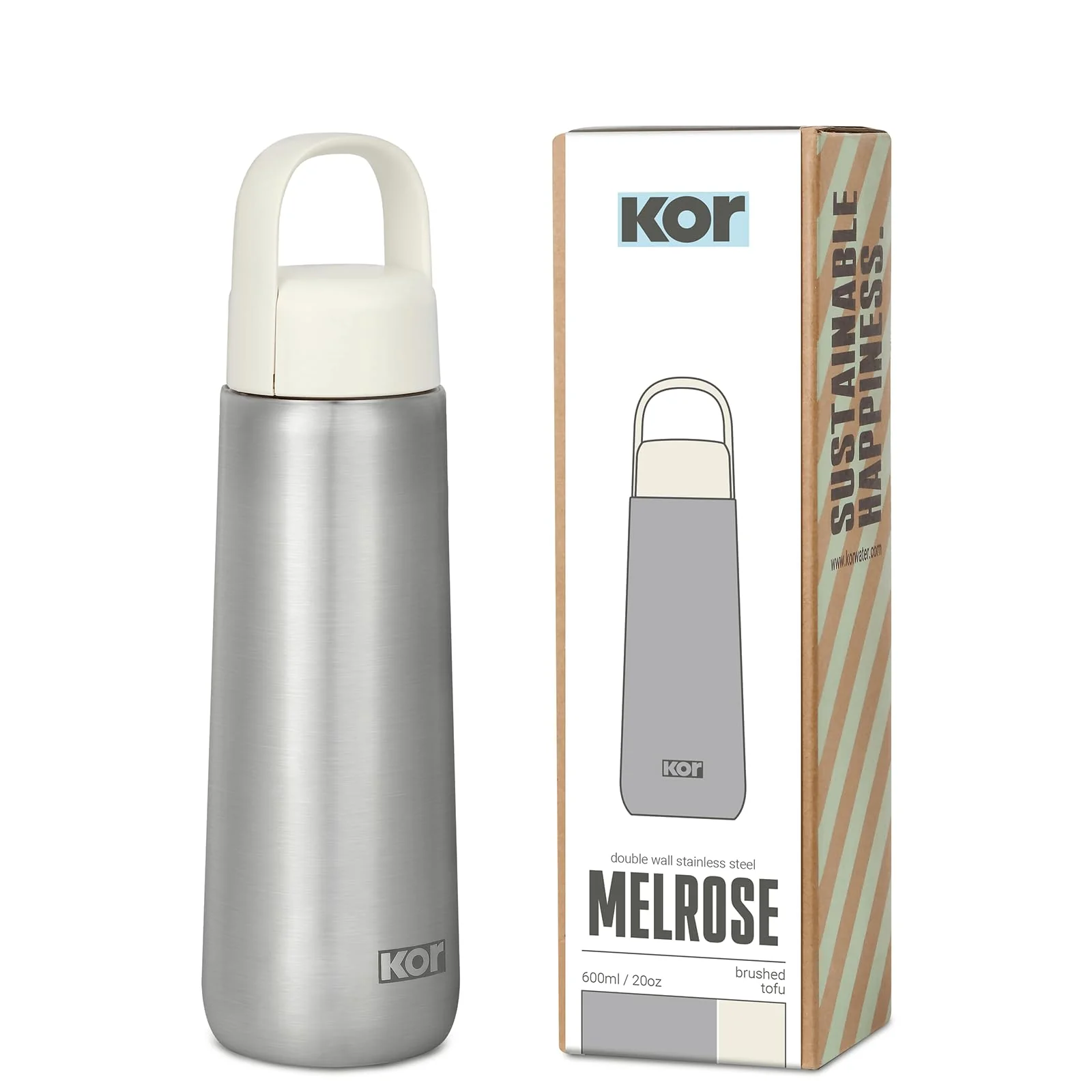 Exceptional Kor Melrose 20oz Double Wall Insulated Water Bottle - Keeps Beverages Hot for 12hrs Cold for 24hrs - Stainless Steel Design - Contoured Natural