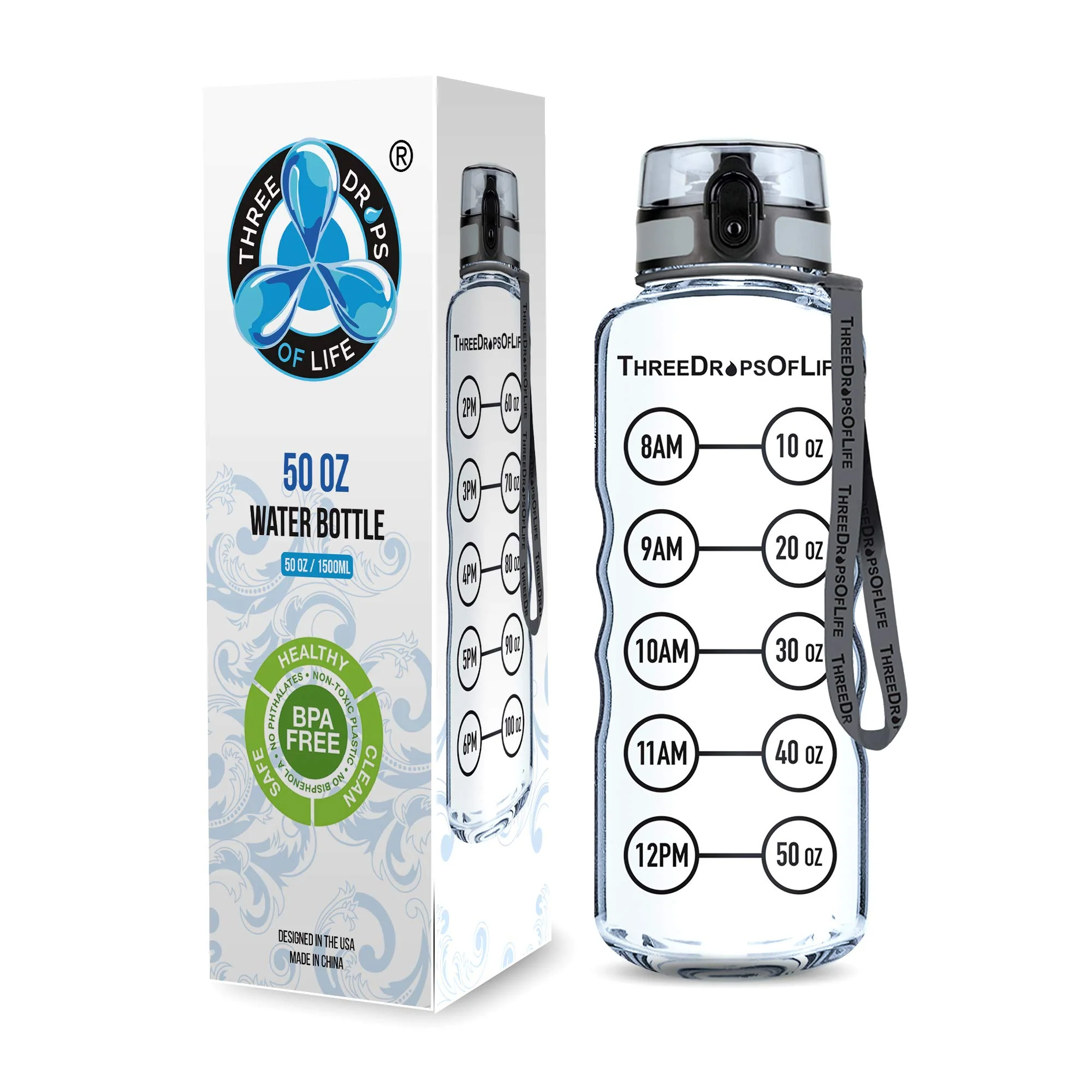 Solid 50oz Sport Water Bottle - for High Capacity Hydration - Clear Tritan Plastic BPA Flip Top Leak Proof Lid Re-Design Lid New Strainer Original Design