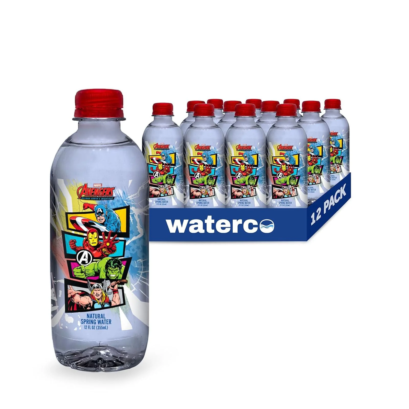 Green PULSE Marvel Avengers Natural Spring Water - Disney Bottles - Filtered Spring Water - BPA- Recyclable Bottles - 12 Pack First-Class