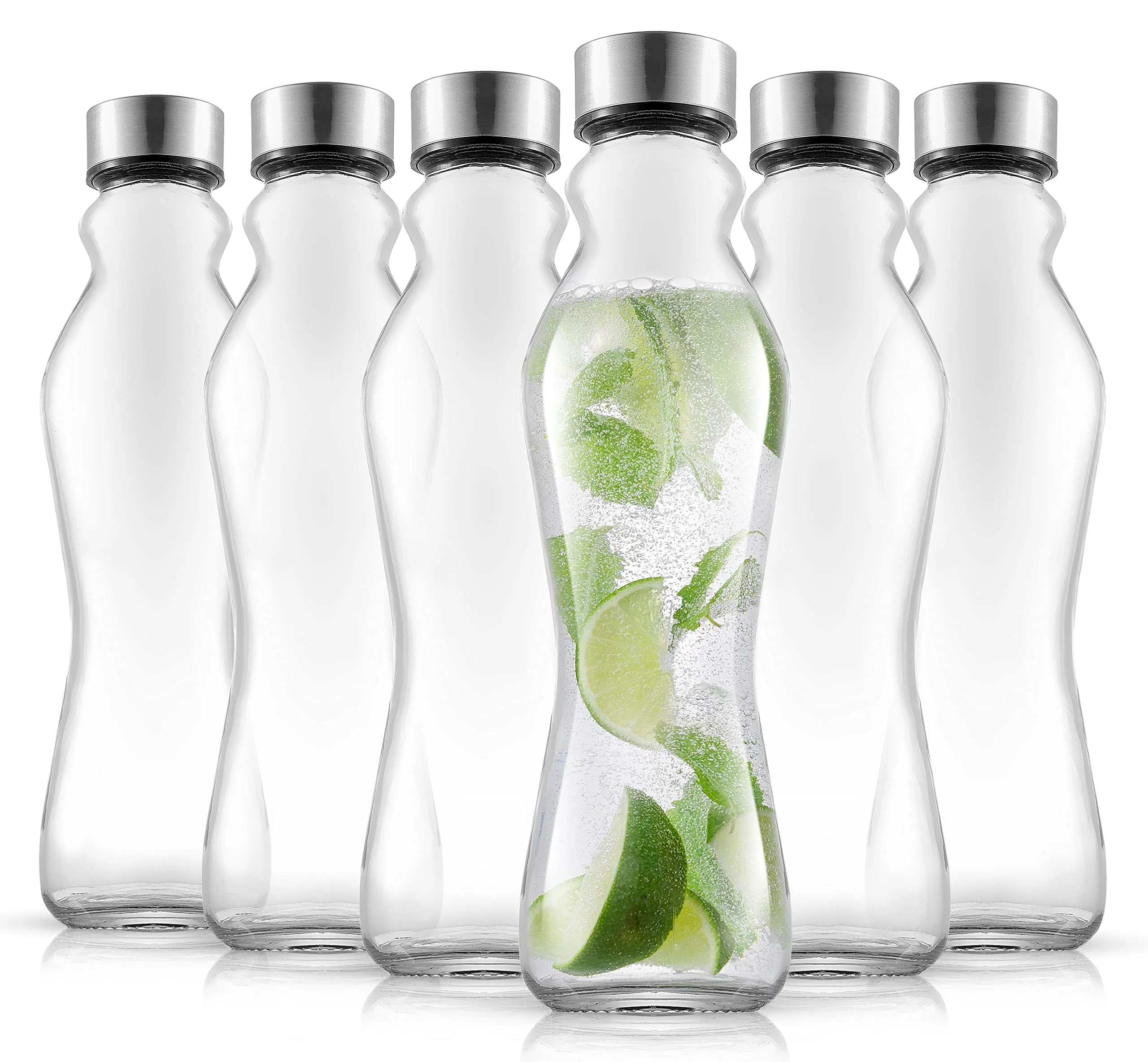 Solid JoyJolt Spring Glass Water Bottles Set of 6-18 oz Glass Bottles with Stainless Steel Caps - Glass Drinking Bottles with Leakproof Lids - Reusable Practical