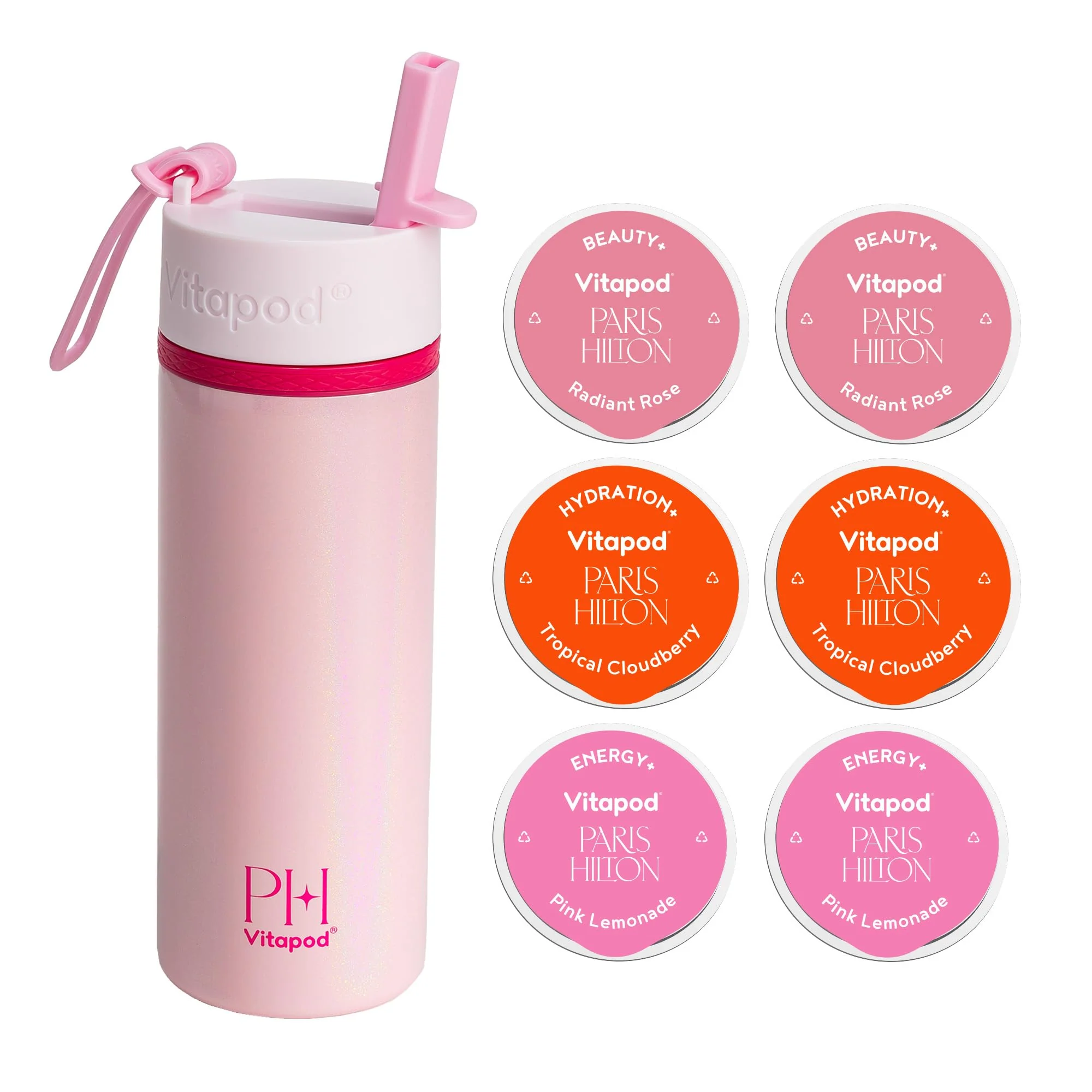 Flexible Vitapod Paris Hilton x Daily Wellness System - 22oz Pearlescent Water Bottle in That's Hot Pink 6 Drink Mix Pod Sampler Includes BEAUTY Outstanding