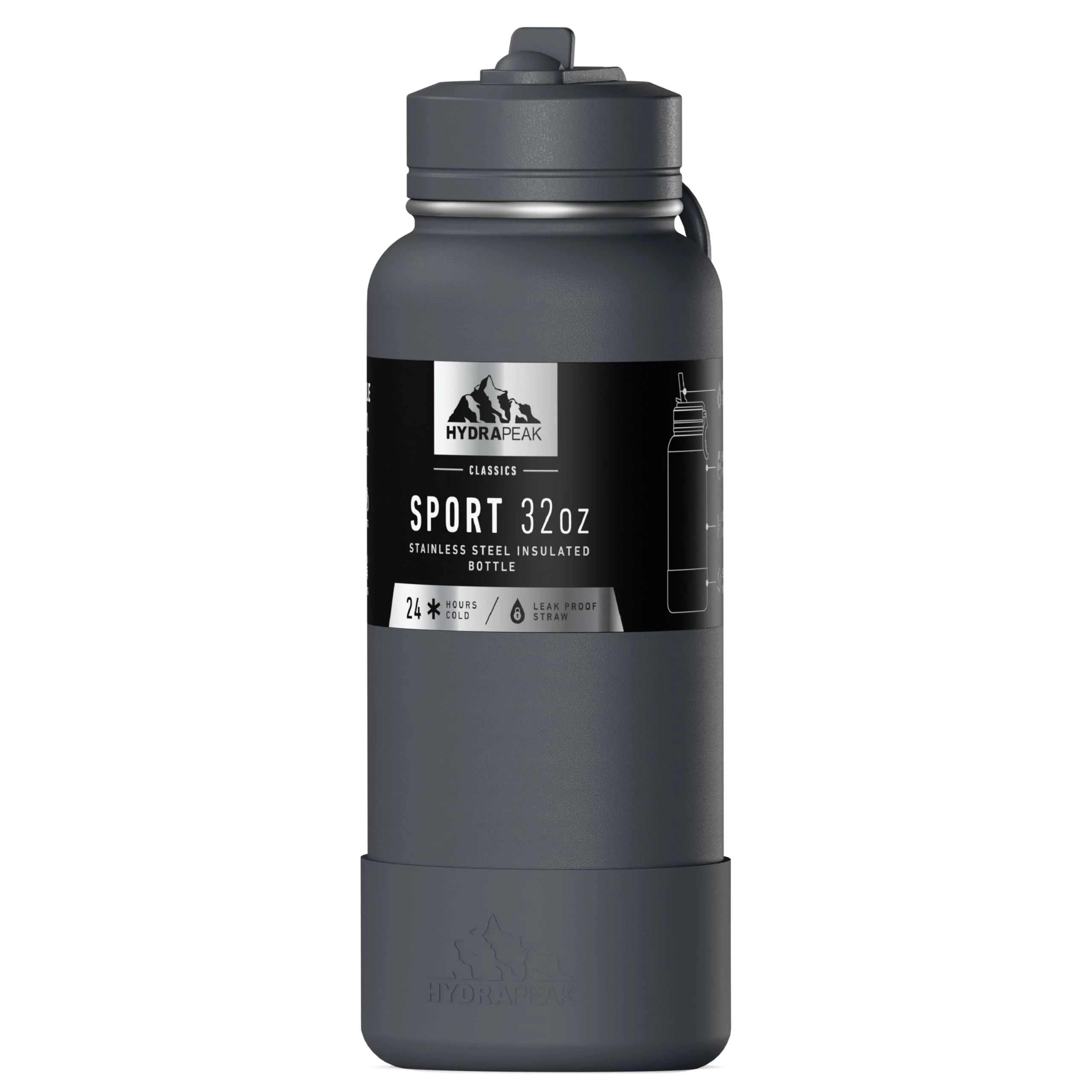 Quality Hydrapeak 32oz Sport Insulated Water Bottle with straw lid Leak Spill Proof Keeps Drinks Cold for 24 Hours Hot for 12 Hours Grey Matter Functional