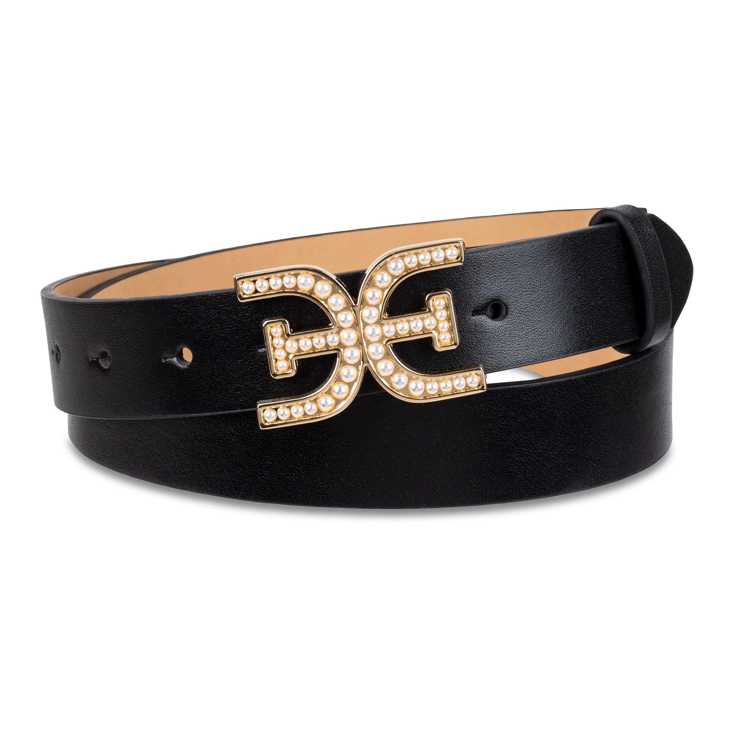 Durable Sam Edelman Women's Pearl Embellished Double-E Logo Plaque Buckle Belt Black Small Organic