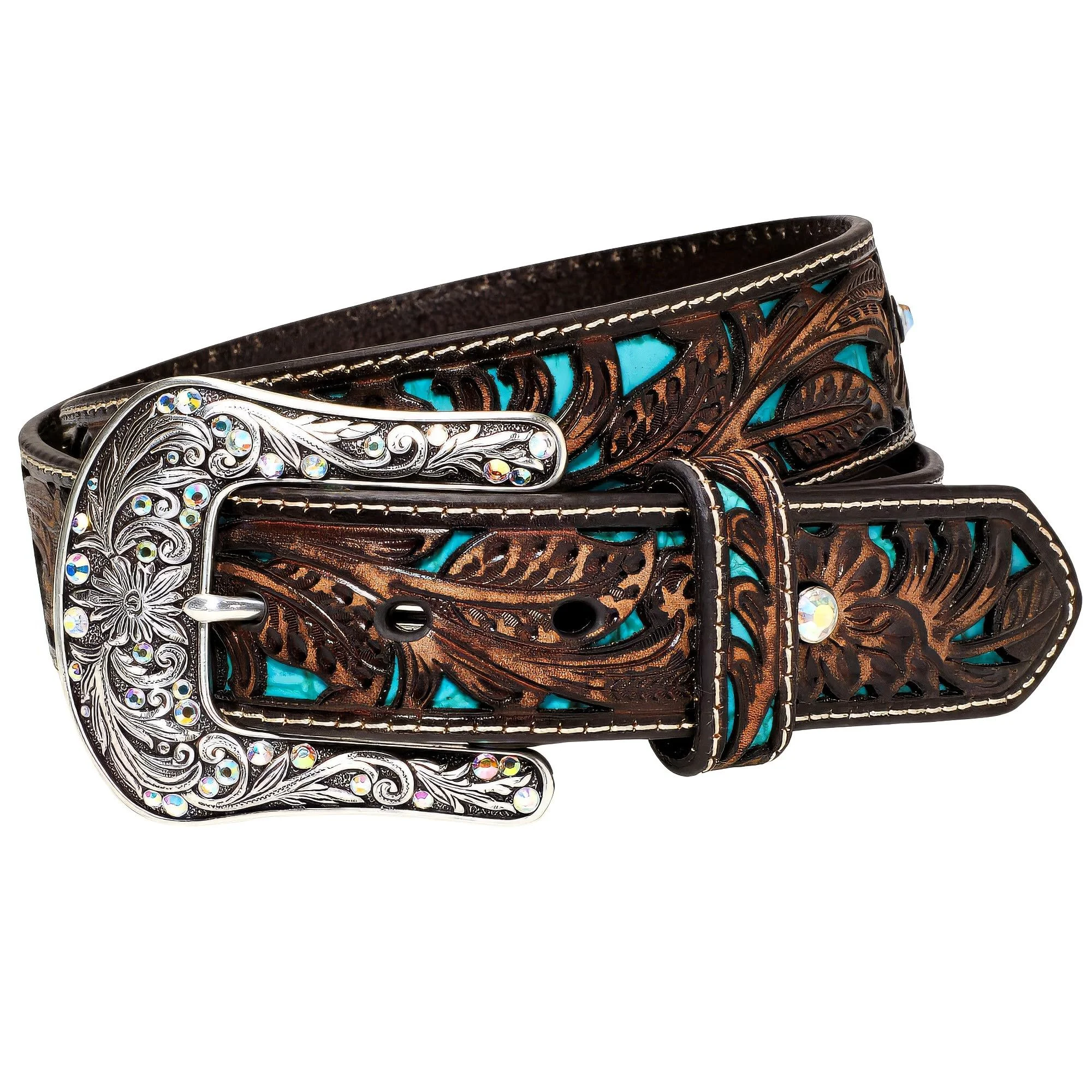 Fast ARIAT Women's Turquoise Inlay Floral Bling Belt Brown Small Fine Crafted