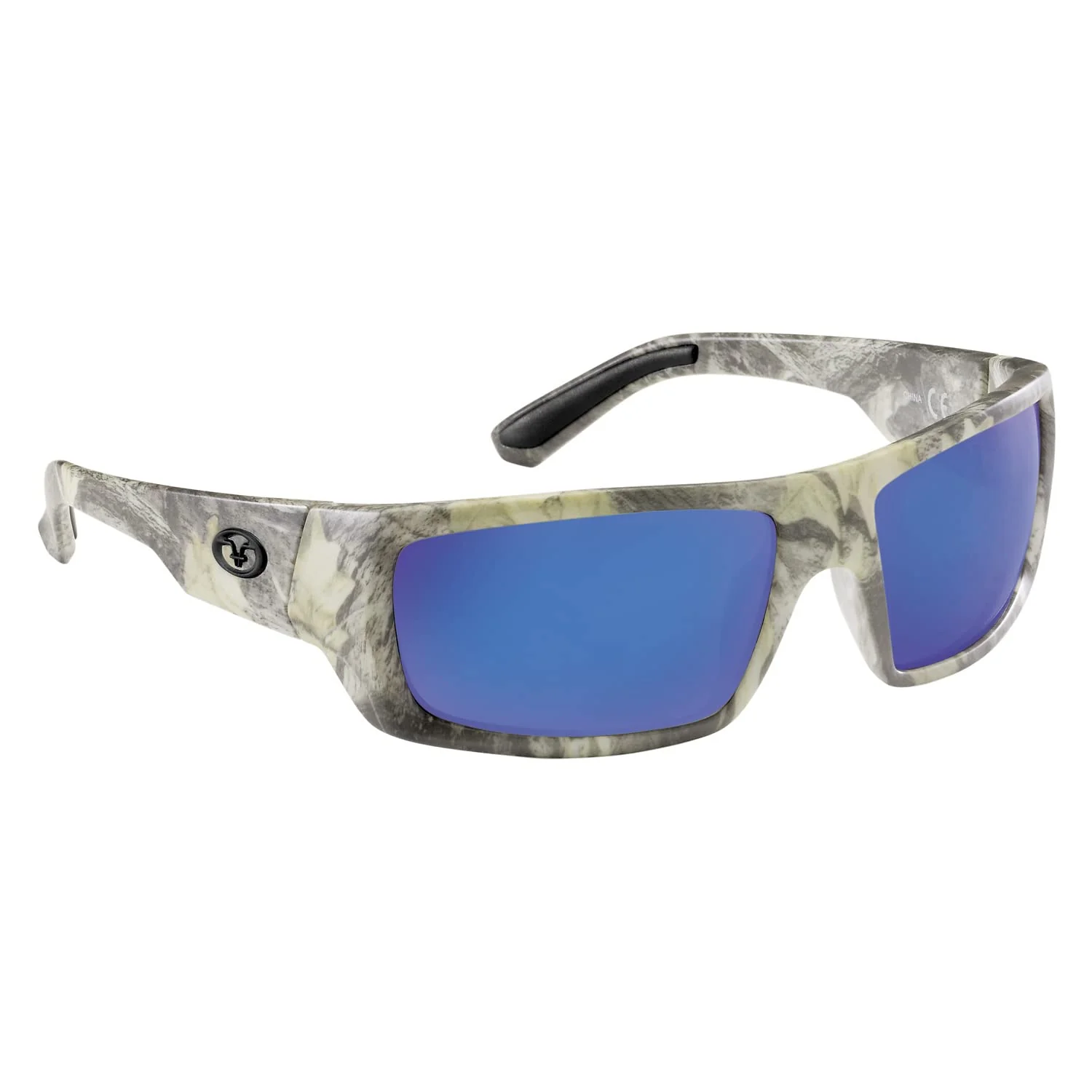 Secure Flying Fisherman Sargasso Wrap Around Polarized Sunglasses Matte Camo Frame Smoke-Blue Mirror Lens Medium High-End