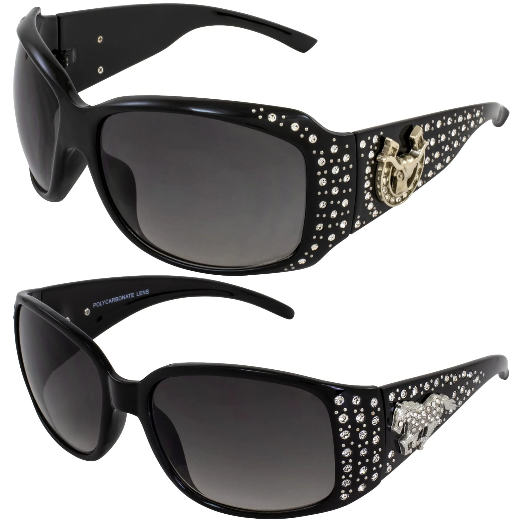 Fine Crafted Rodeo Queen 2 Pairs of Studded Horseshoe Sunglasses for Women Black Frame w Fashion Metal Accent Piece Bling Rhinestones Smoke Gradient Lenses Healthy