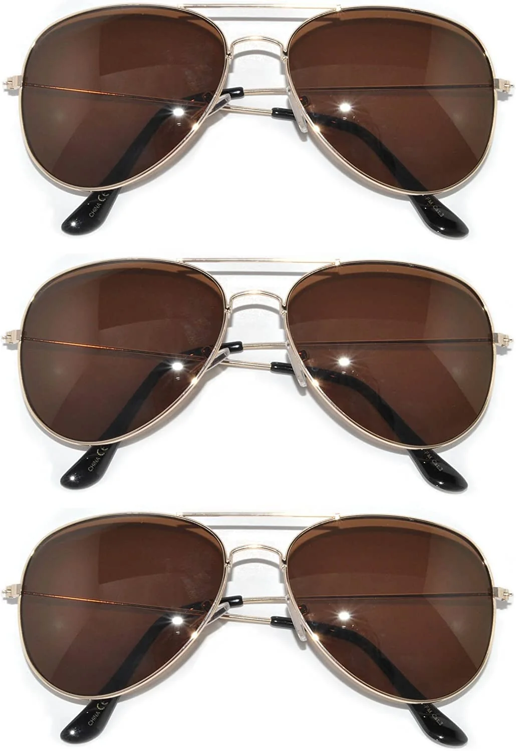 Fast 3 pairs Classic Aviator Style Sunglasses Metal Frame Gold Color Brown Lens 3 Pack Exclusive