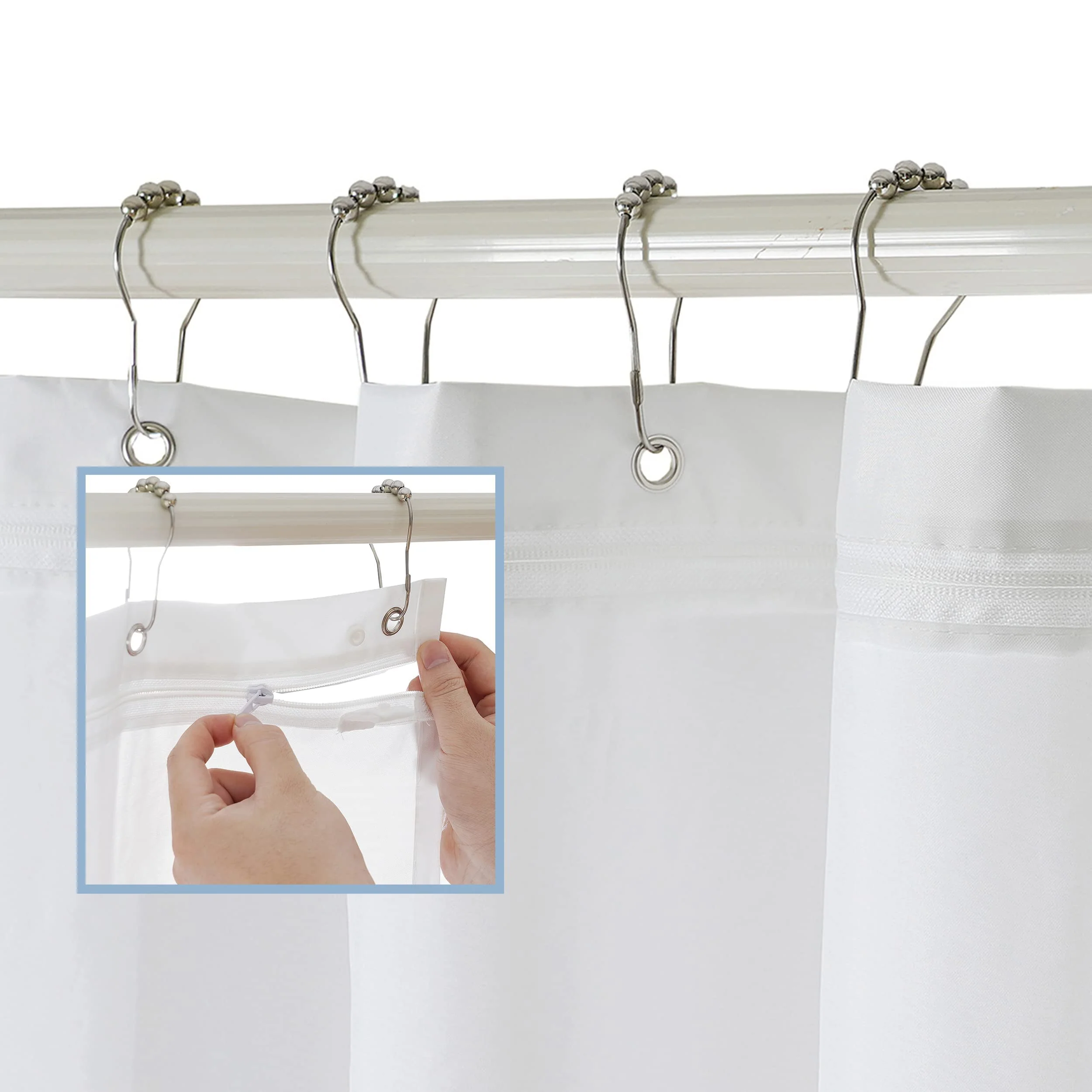 Classic FRESH IDEAS Shower Curtain Liner with Shower Clips Easy On Off Liner with Zipper Waterproof White Standard Size 72 inches x 72 inches Genuine