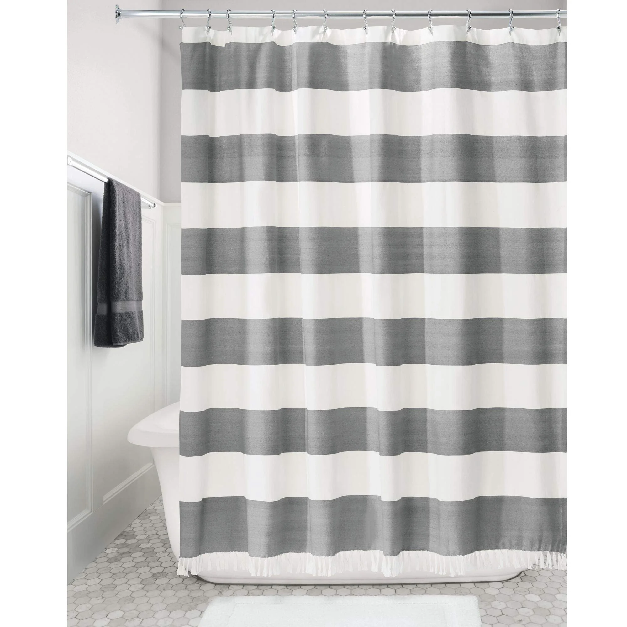 Official iDesign Wide Stripe Fabric Shower Curtain with Tassels Fringe for Master Guest Kids' Bathrooms Bathtubs Stalls Charcoal Pure