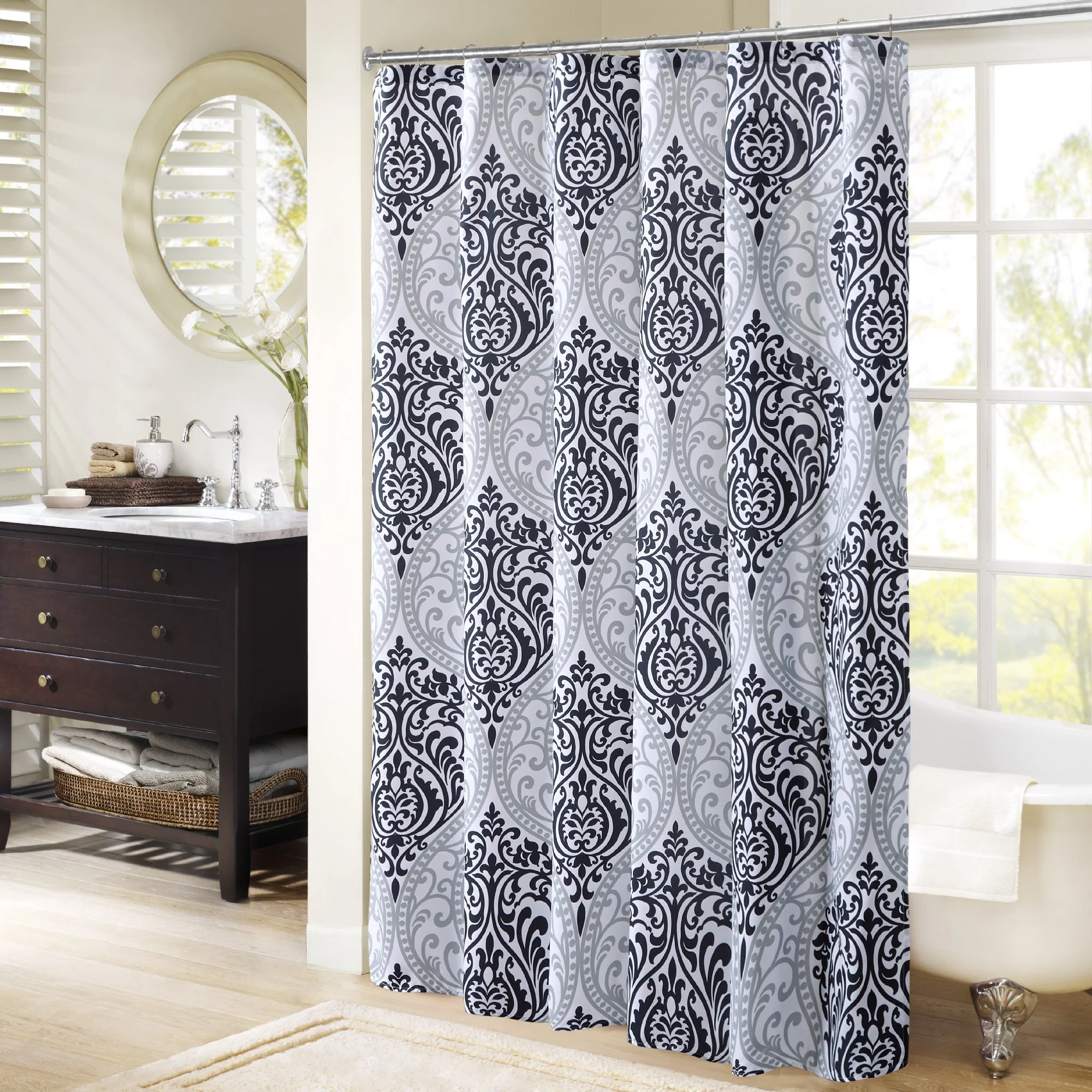Effective Comfort Spaces Coco Bathroom Shower Curtain Printed Damask Pattern Modern Cute Microfiber Fabric Bath Curtains 72 x72 Black CS70-0682 Durable