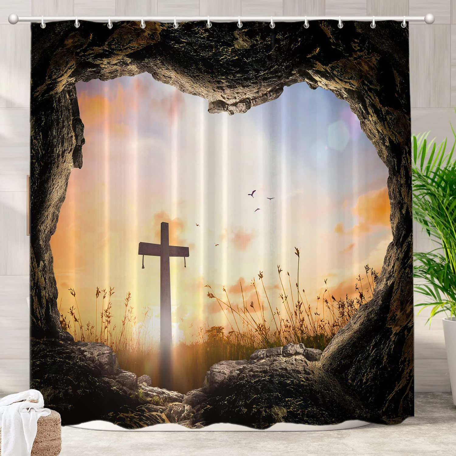 Recyclable Batmerry Stone Sunrise Christian Decorative Shower Curtain Jesus is Risen Christian Easter Shower Curtain Cute Long Wide Shower Curtain for Bathroom… Authentic