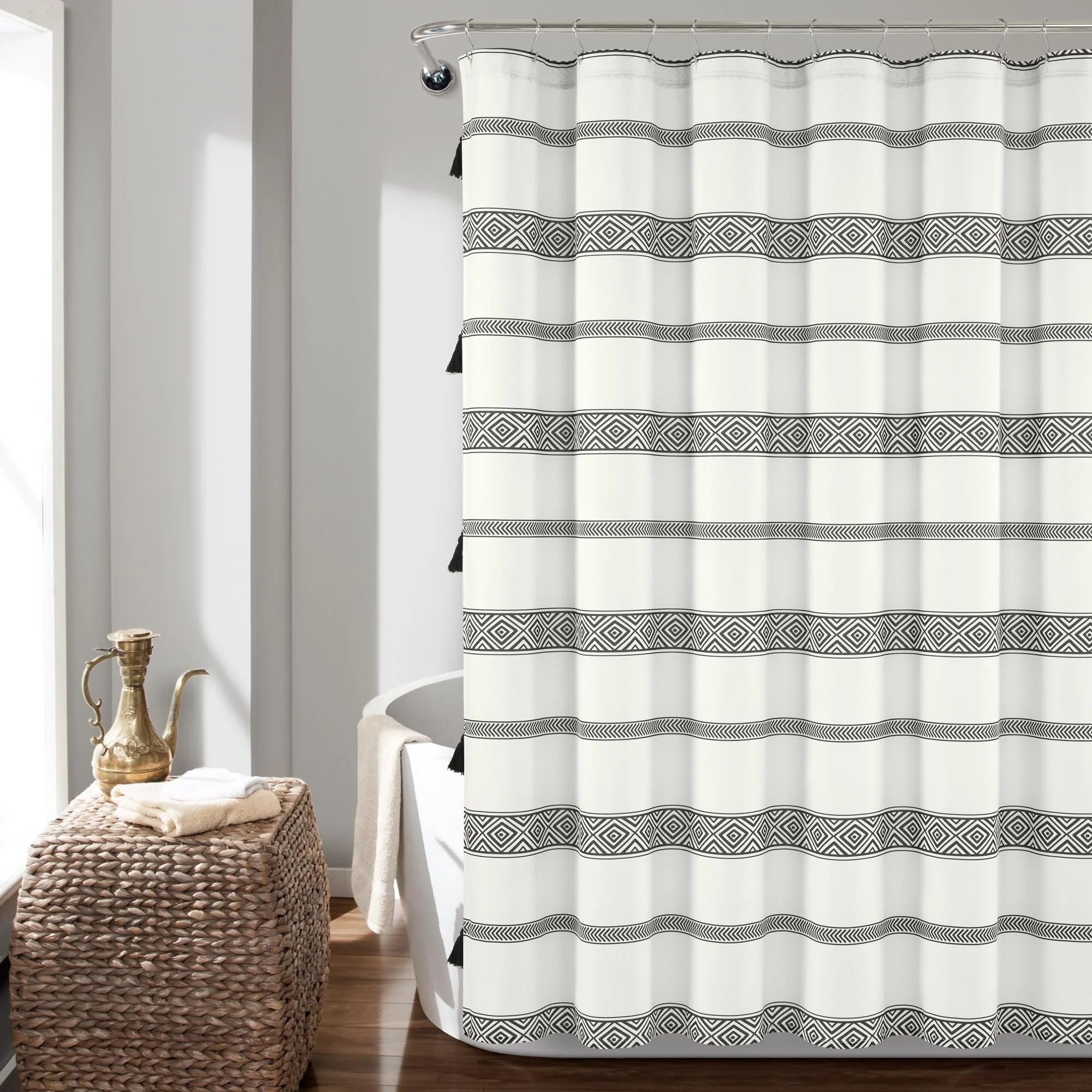 Efficient Lush Decor Ava Boho Stripe Tassel Yarn Dyed Eco-Friendly Recycled Cotton Shower Curtain 72 x 72 Black White Powerful