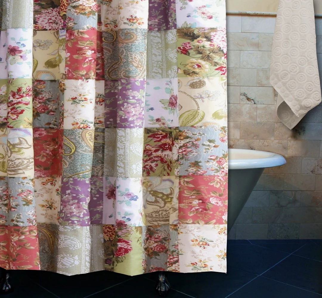 Fine Crafted Country Cottage Floral Print Patchwork Pattern Yellow Blue Green Fabric Shower Curtain Classic