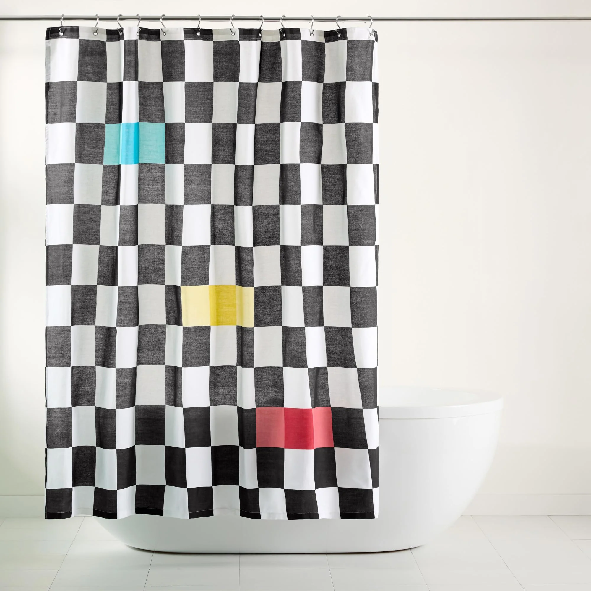 Comfortable TOWN COUNTRY PLAY Betty Bold Checkerboard Cotton-Rich Breathable Fabric Shower Curtain with Anti-Rust Grommets Black White Blue 70 x72 Clean