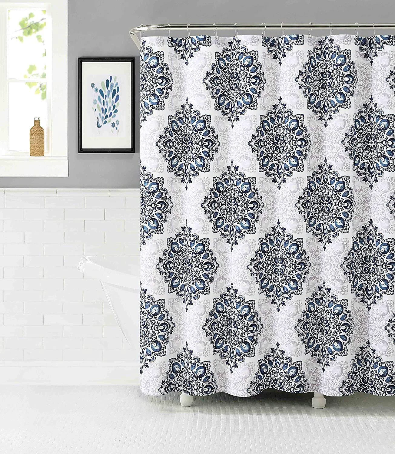 Verified VCNY Home Navy Blue Shower Curtain Tranquility Teal White Fabric Bohemian Floral Medallion Damask Design Fine
