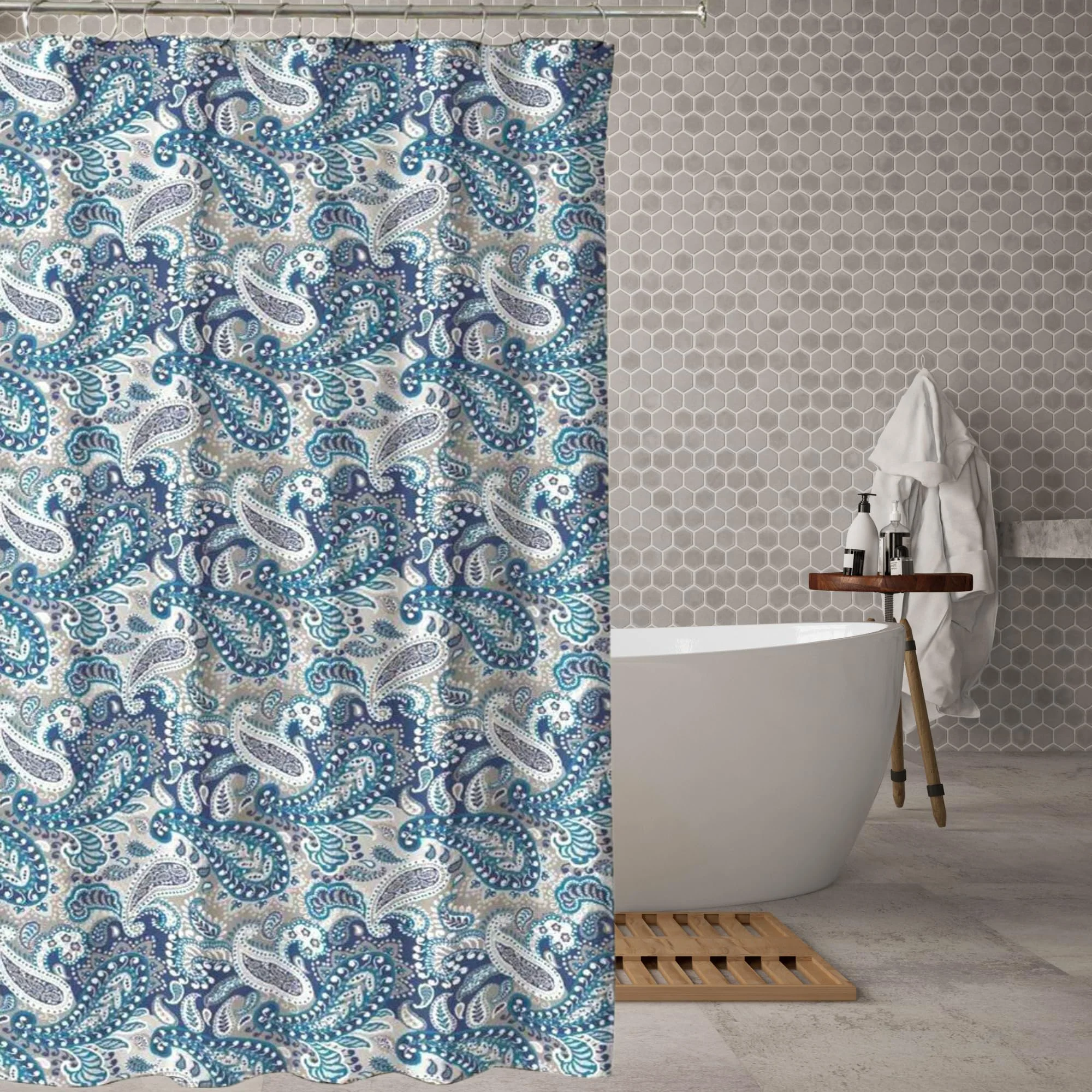 First-Class Home Decor Paisley Fabric Shower Curtain Marine Navy Blue Taupe Beige White Consistent