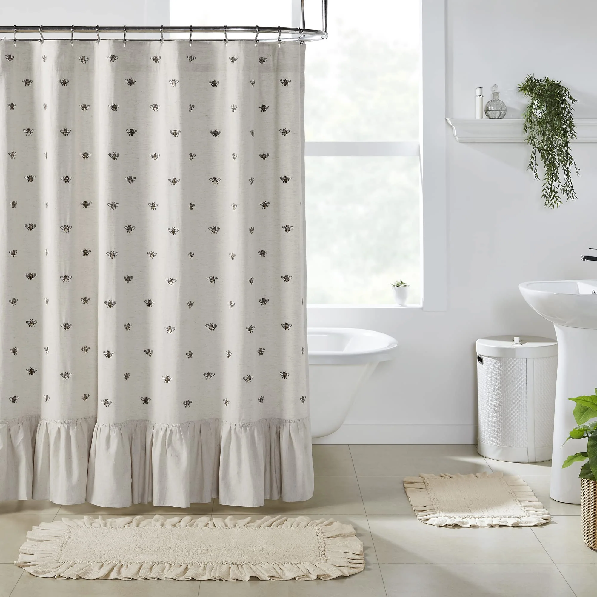 Eco-Friendly VHC Brands Embroidered Bee Farmhouse Bathroom Shower Curtain Ruffled Creme Yellow Grey 72x73 Certified