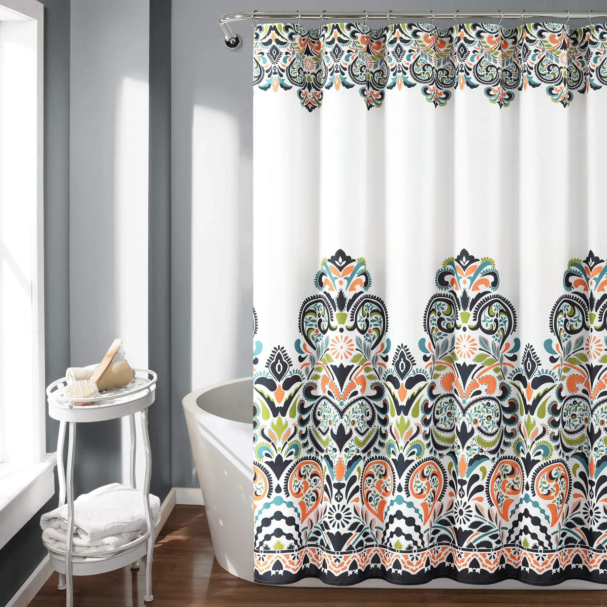 High-Performance Lush Decor Navy and Tangerine Clara Shower Curtain-Fabric Colorful Boho Paisley Damask Print Design 72 x 72 Elite
