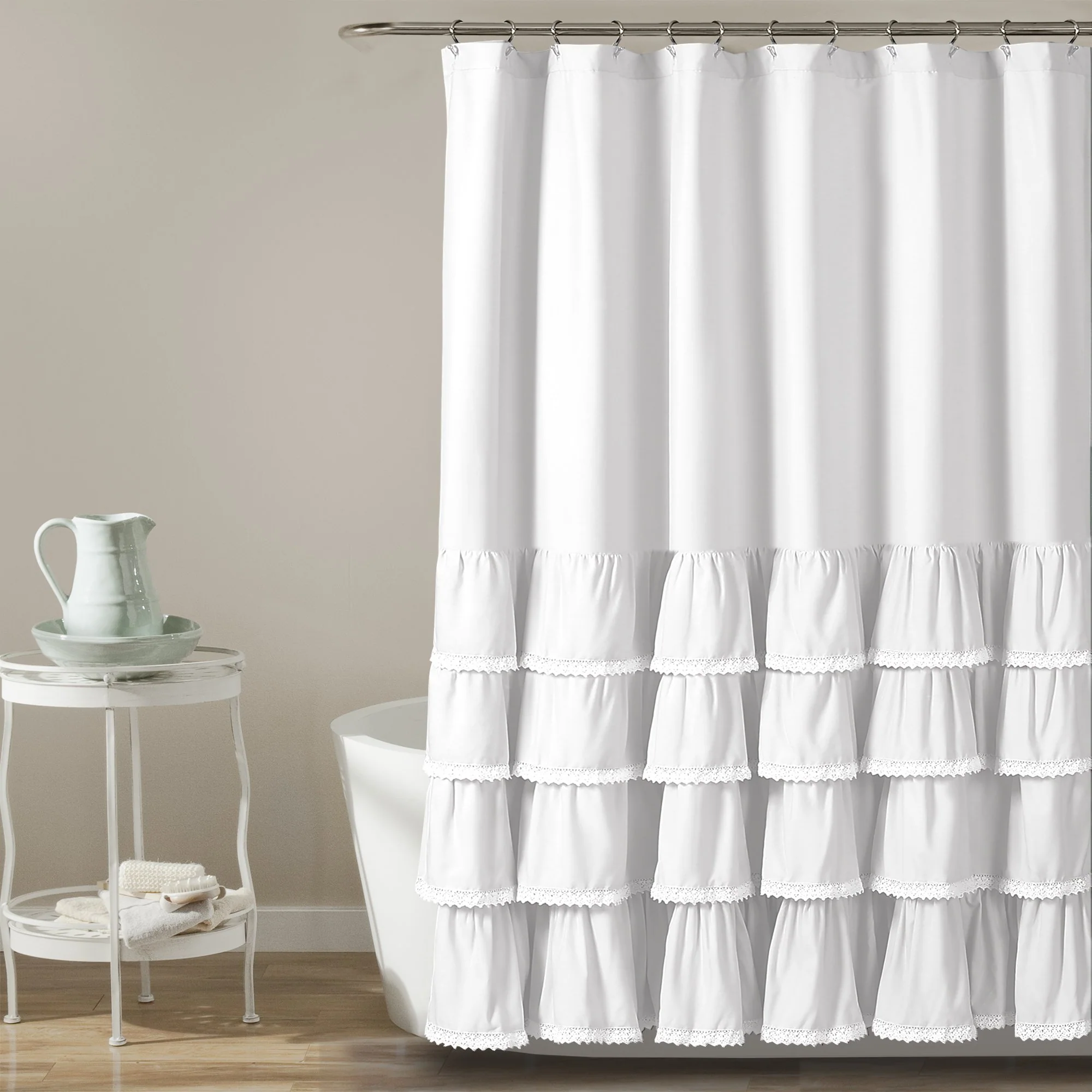 Efficient Lush Decor Ella Shower Curtain with Ruffle Lace Design Shabby Chic Farmhouse Style Bathroom 72 x 72 White Casual