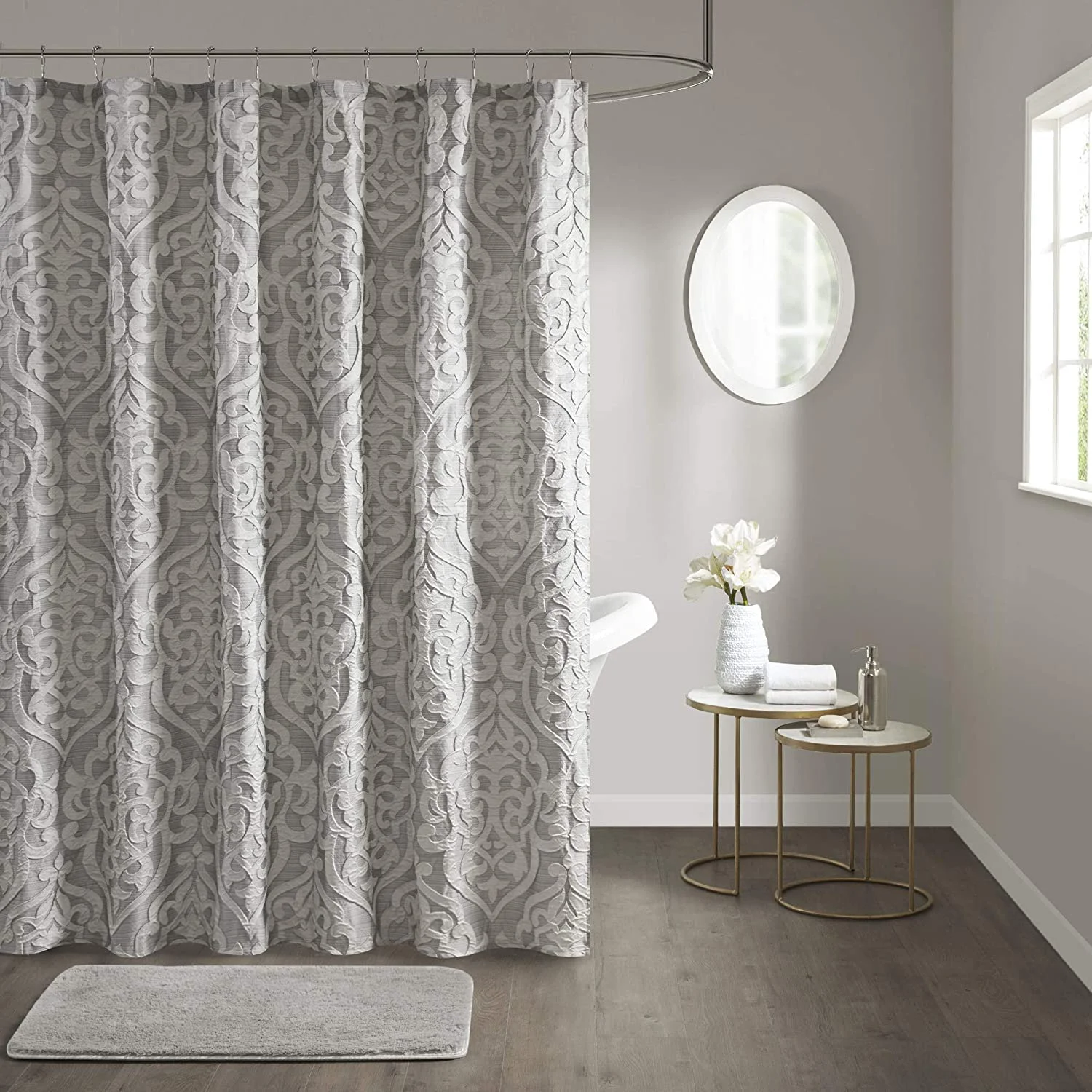 First-Class Madison Park Odette Fabric Shower Curtain Luxe Textured Jacquard Damask Medallion Machine Washable Modern Home Bathroom Decor Bathtub Privacy… Solid