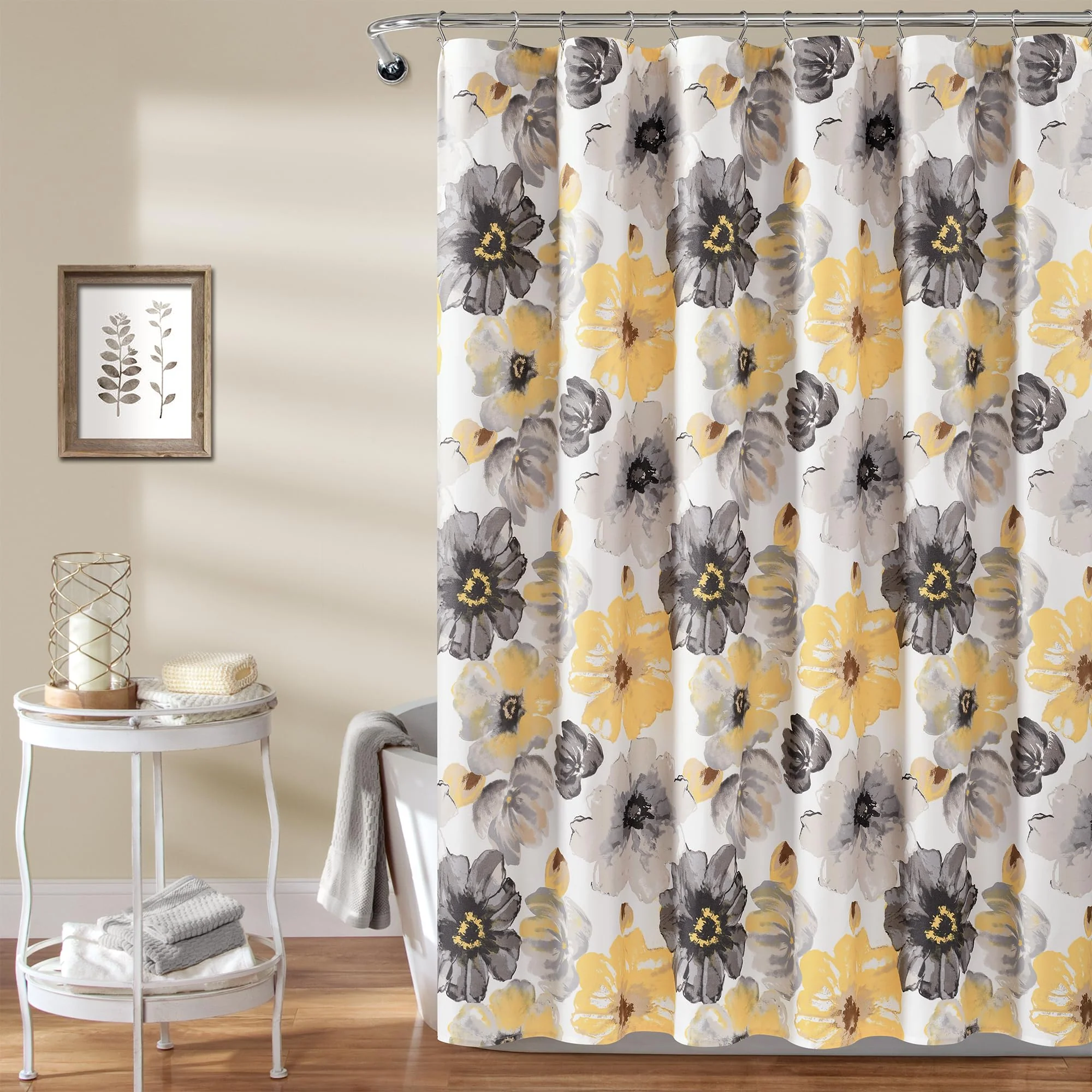 Comfortable Lush Decor Leah Floral Shower Curtain 72 W x 84 L Yellow Gray - Fabric Shower Curtains - Watercolor Botanical Bathroom Curtain - Farmhouse… Verified