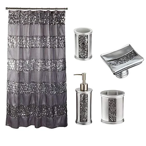 Innovative Popular Bath 5 Piece Sinatra Silver Shower Curtain and Resin Bath Accessory Set Durable
