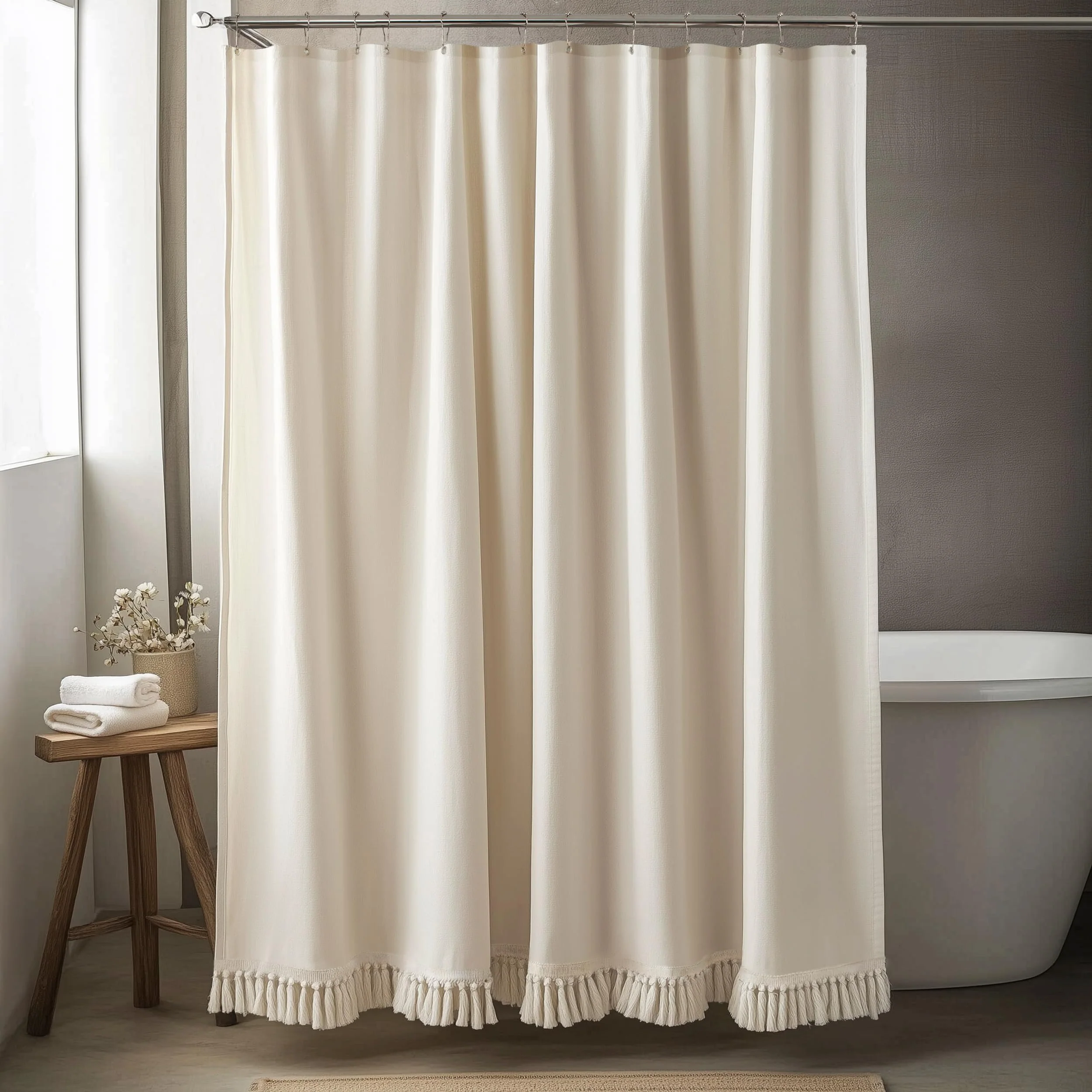 Premium Material TURKIO Linen Shower Curtain Boho Beige Shower Curtains for Bathroom Thick Fabric Shower Curtain with Tassels Neutral Shower Curtains Rustic Farmhouse… Fine