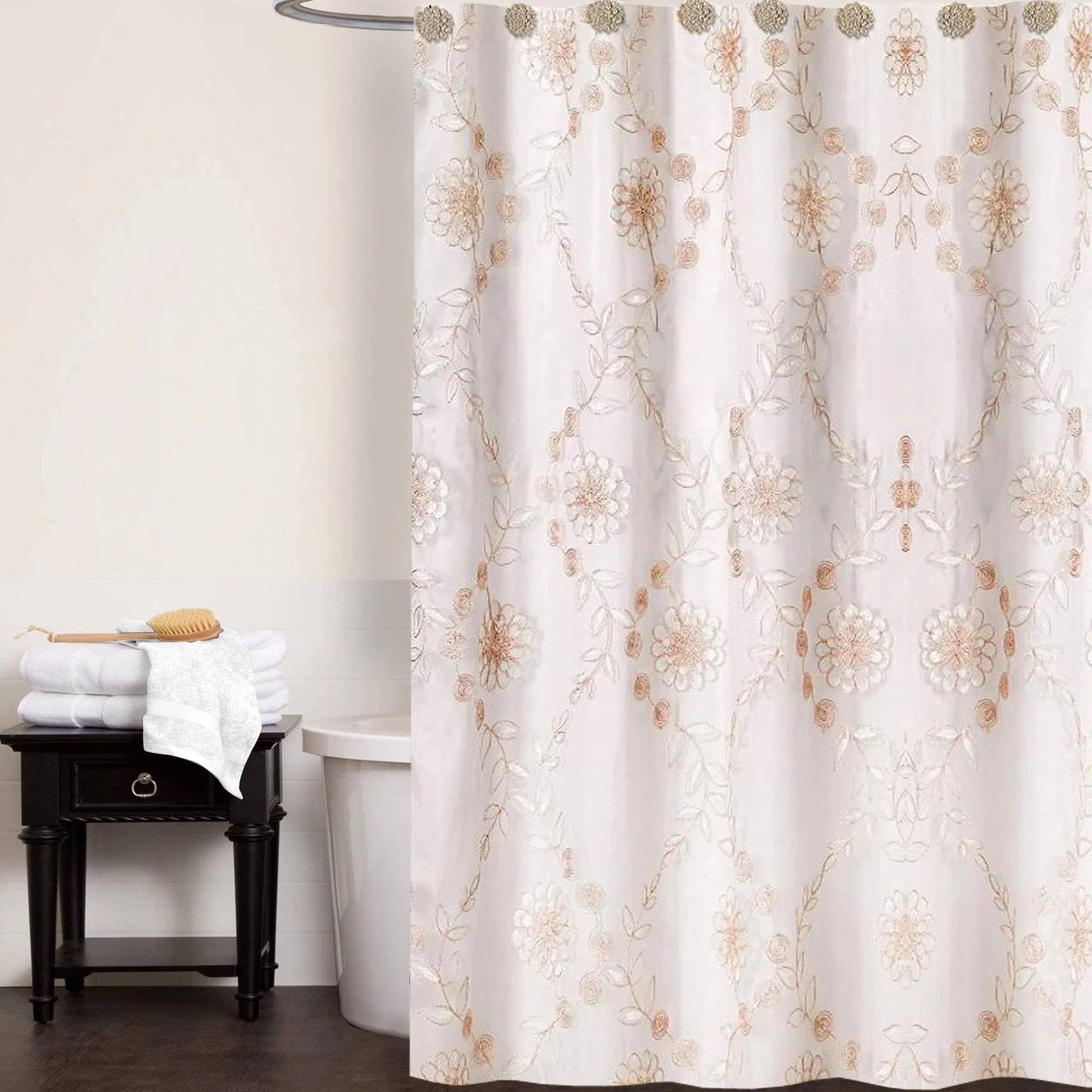 Exclusive Popular Bath Shower Curtain Rose Vine Beige-Taupe Elegant