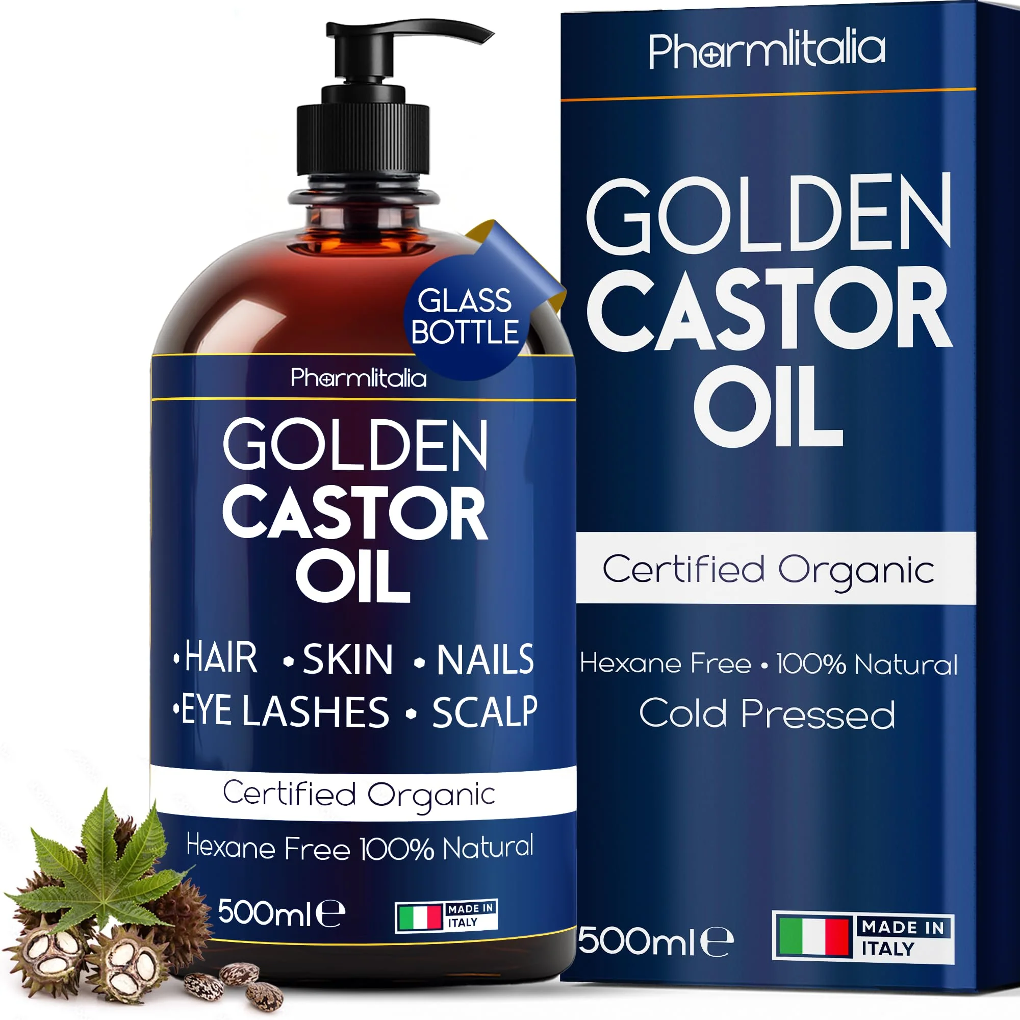 Powerful Pharmlitalia Caster Oil Organic Cold Pressed Unrefined Glass Bottle - Organic Golden Castor Oil for Face Scalp Eyelashes Skin Care and Nails Modern
