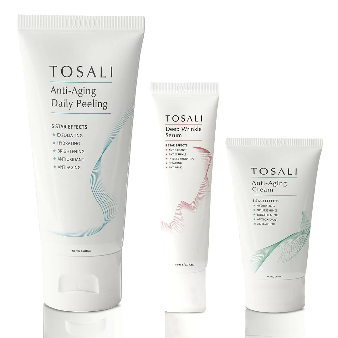 Expertly Made TOSALI Anti Aging Skincare Set - Daily Peeling Mask 6.8 oz Deep Wrinkle Serum 1.7 fl oz Face Cream 1.7 oz - Hydrating Brightening Wrinkle Modern