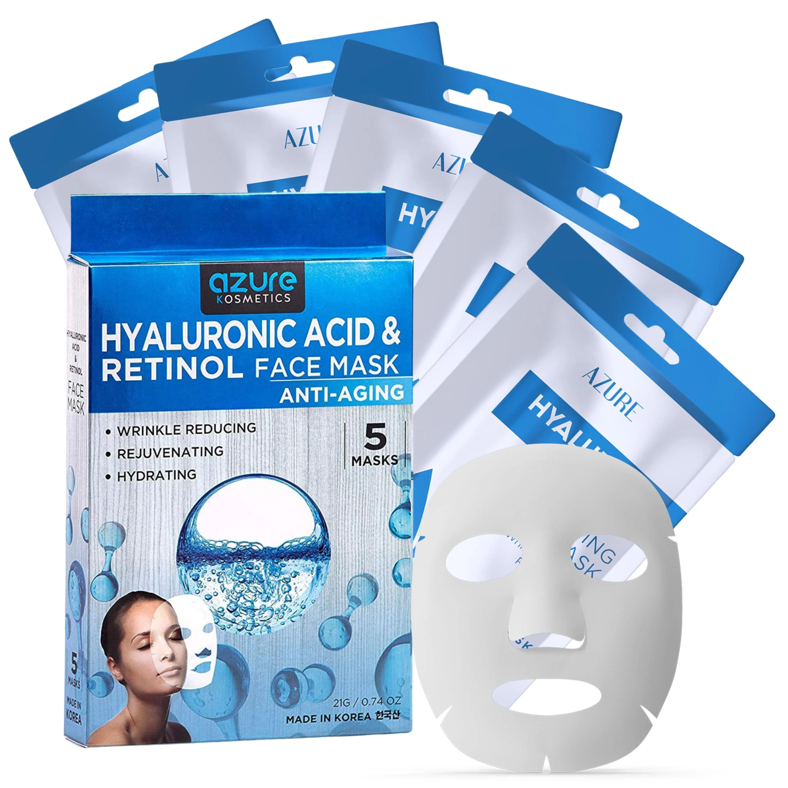 Powerful Azure Cosmetics Hyaluronic Acid Retinol Anti Aging Face Mask - Dermatologist Tested - Rejuvenating Hydrating - Helps Reduce Fine Lines Certified