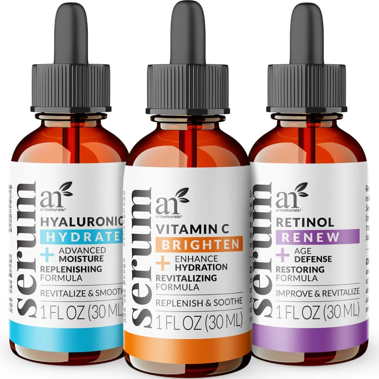 Durable artnaturals Anti-Aging-Set with Vitamin-C Retinol and Hyaluronic-Acid - 3 x 1 Fl Oz 30ml Serum for Anti Wrinkle and Dark Circle Remover - All Casual