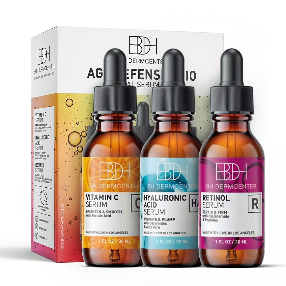 Original BH Dermcenter Age Defense Trio Anti-Aging Serum Set for Face and Eyes - Vitamin C Retinol Hyaluronic Acid Face Serum for Men and Women - 30ml Each Detailed