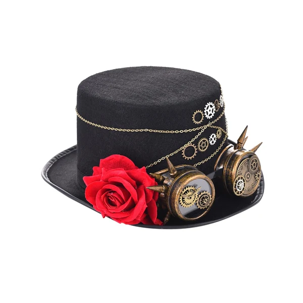 Optimized Maxbell Steampunk Hat with Goggles Flower Black Top Hat Strap Adjustable Gift Size M Soft