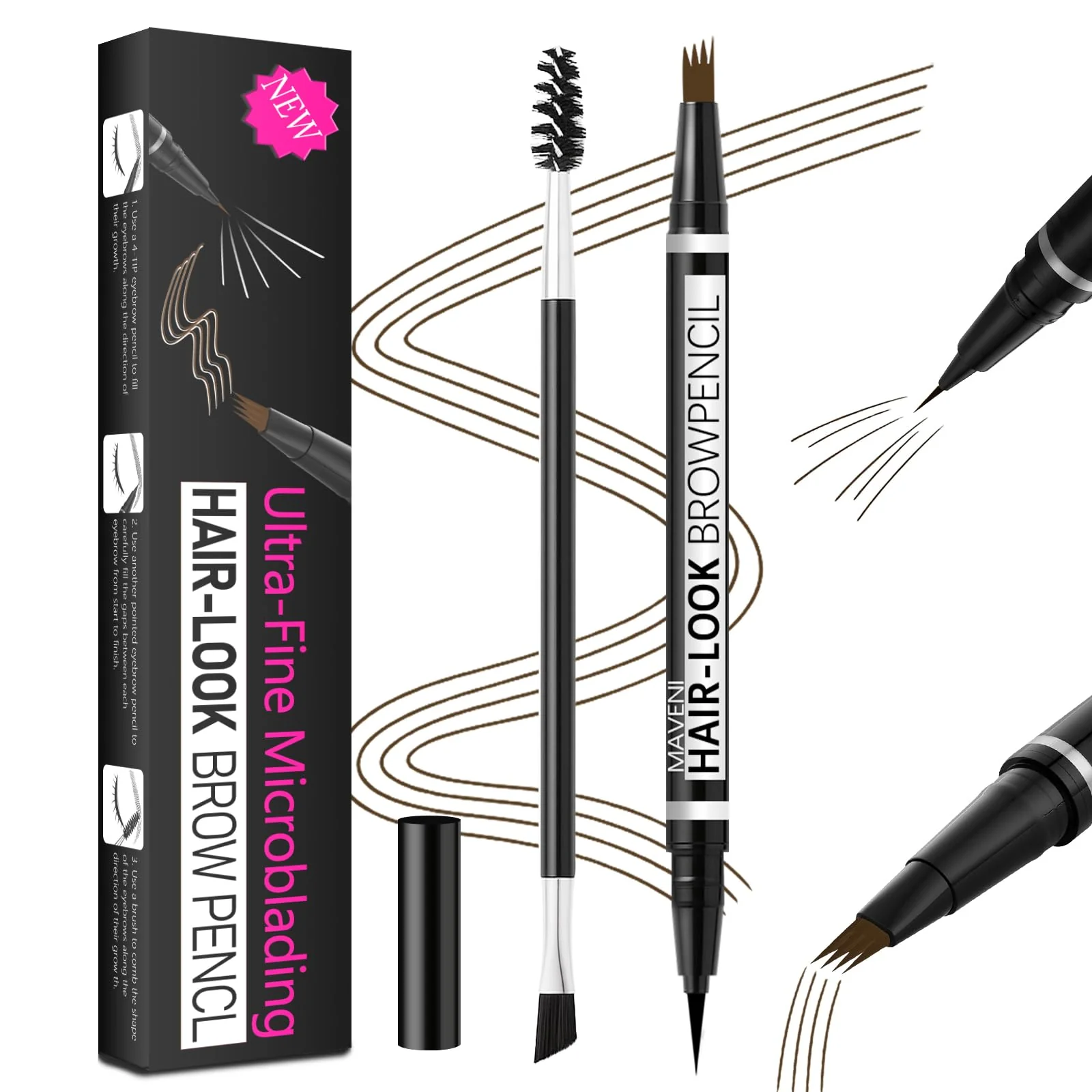 Authentic MAVENI 2-in-1 Eye Brow Pencils for Women Waterproof Eyebrow Pen with 4 Tip Microblading Eyebrow Pencil and 0.01mm Ultra-Precise Eyeliner Create… Clean