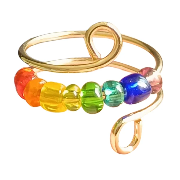 Safe Maxbell Rotatable Ring with Rainbow Bead Jewelry Simple for Girlfriend Wedding Party Gold Carefully Designed