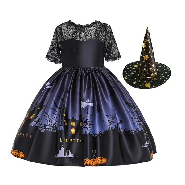 High-Performance Maxbell Girl Witch Halloween Costume Dress Cosplay Fancy Dress Baby Girl Gown Party Height 130cm Smart