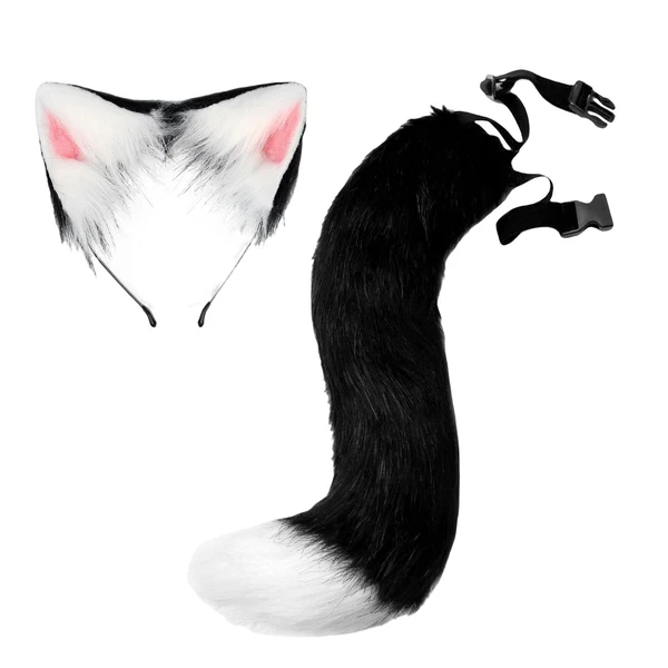 Authentic Maxbell Faux Fur Long Tail Costume Dress Fox Ears Hair Hoop Performance Black White Superior