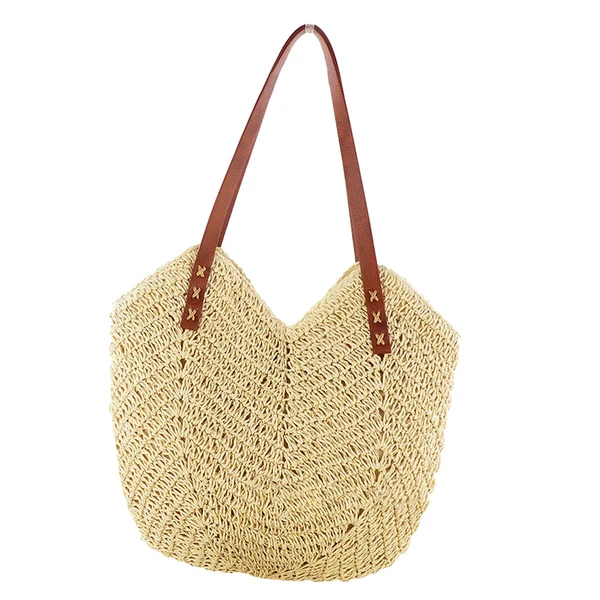 Practical Maxbell Women Weaving Handbag Tote Bag Vacation Bohemian Party Casual Wallet Beige Recyclable