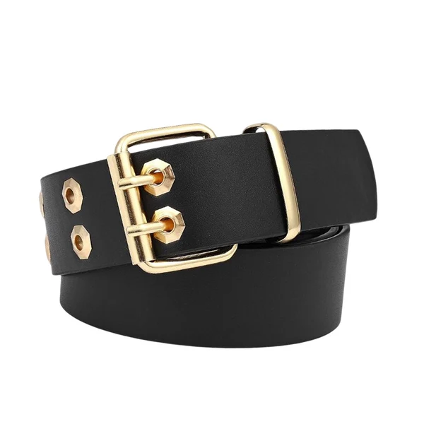 Minimalist Maxbell Double Grommet Belt with Pin Buckle Leather Waist Strap Women Men Belt Black Practical